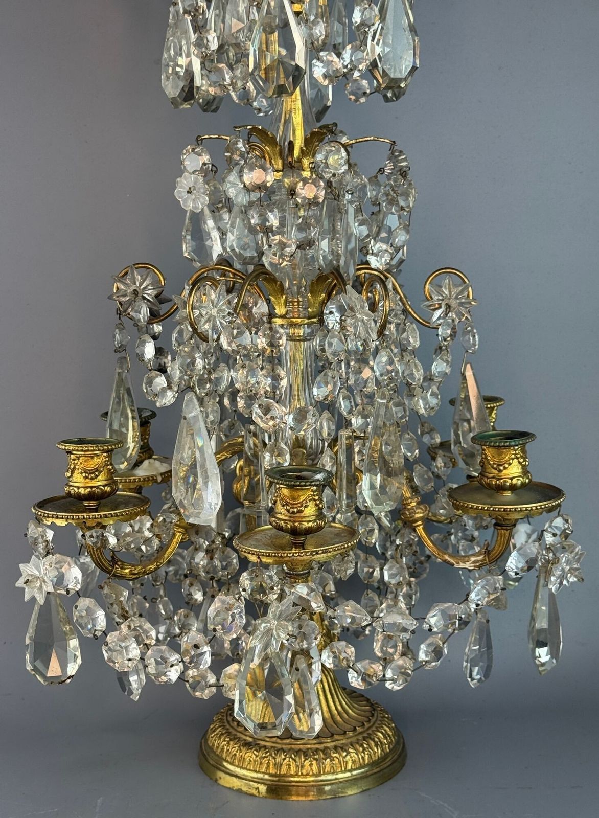 photo furniture Large French Gilt Brass Table Lustre Candelabra Hung With Cut Glass Drops