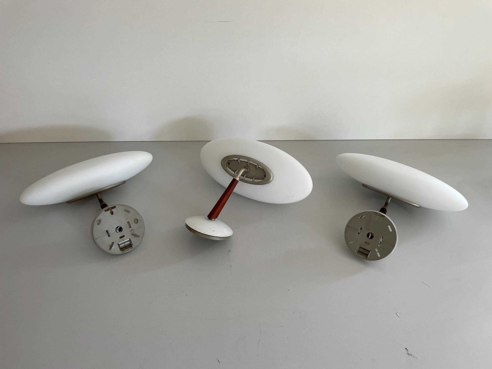 Model Pao' Glass And Metal And Solid Wood Set Of 3 Wall Sconces By Arteluce, 1960s, Italy photo for sale