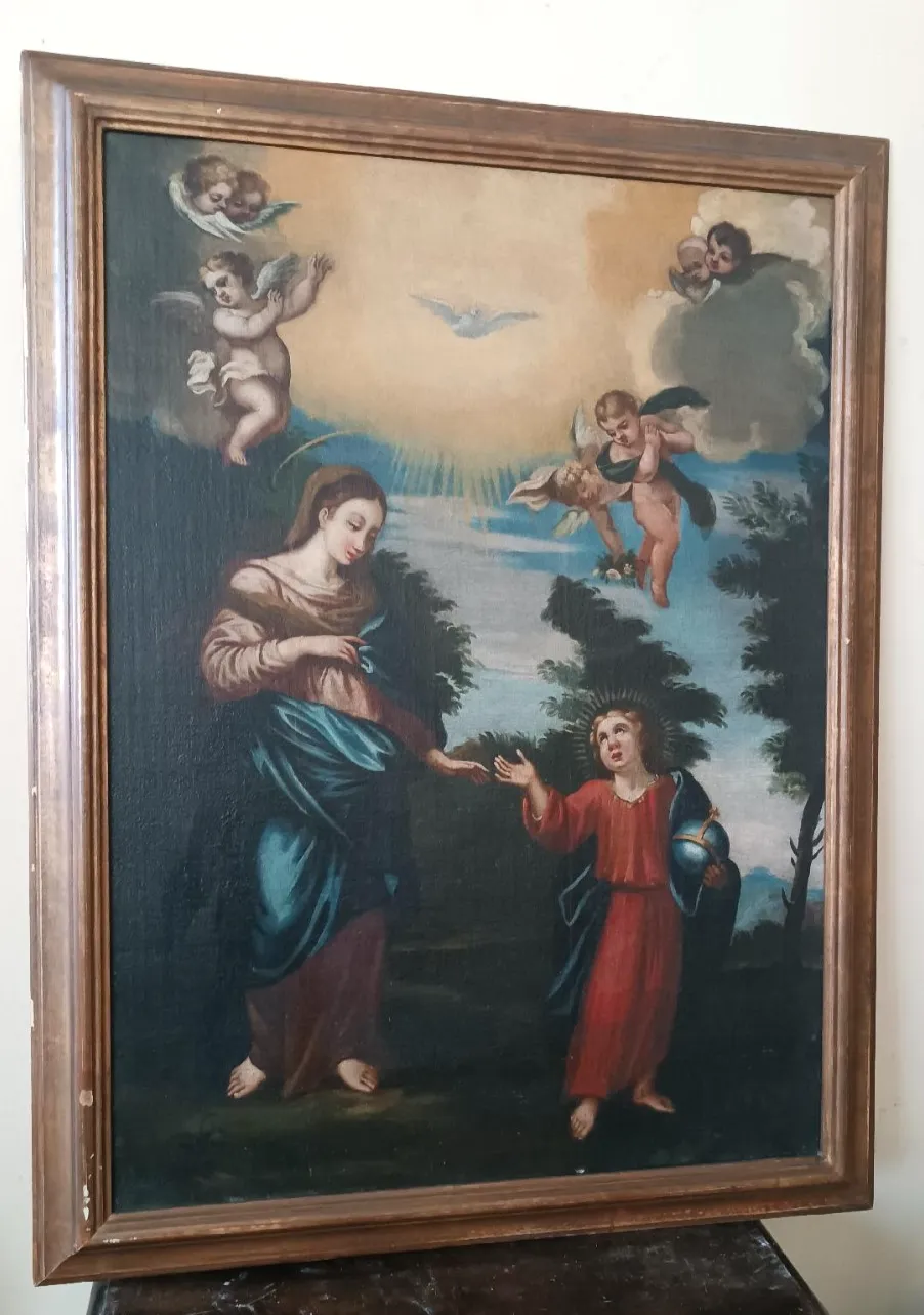 Antique Oil Painting On Canvas Madonna With Child And Angels 18th Century photo furniture
