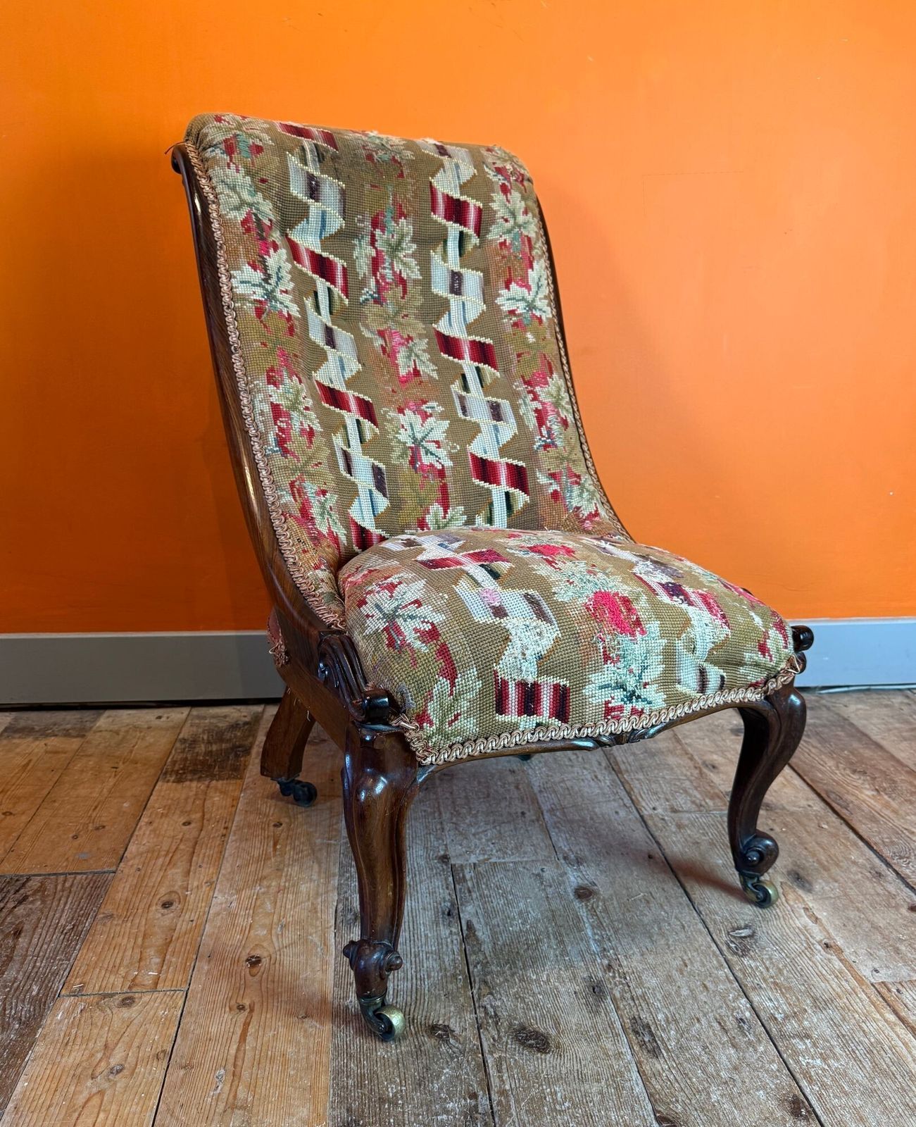 Early Victorian Upholstered Scroll Back Occasional Chair