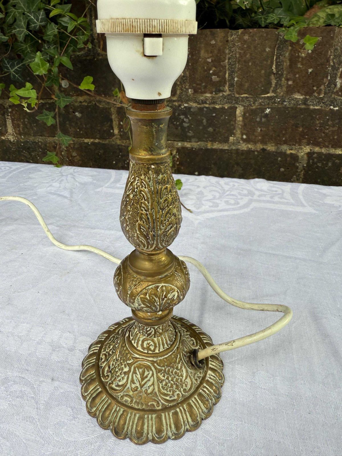 Vintage Ornate Brass Table Lamp With Rococo Style Embossed Floral Detailing And Scalloped Base, Elegant Revival Style, Working photo furniture