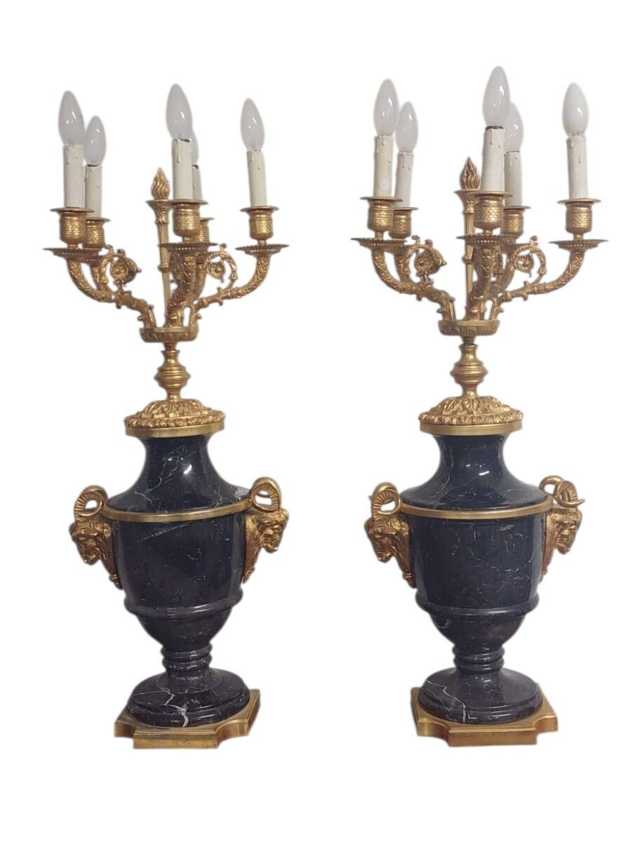 Pair Of Large Napoleon III Style Candelabras In Black Belgian Marble And Gilded Bronze