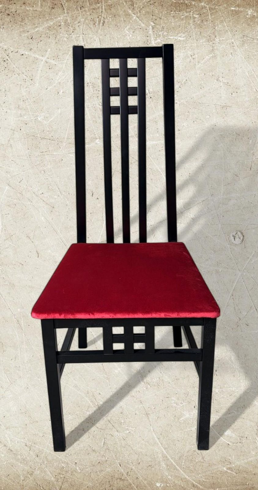 photo furniture Mackintosh Style Pair Italian Black Lacquered Wood Chairs Red Velvet Upholstery