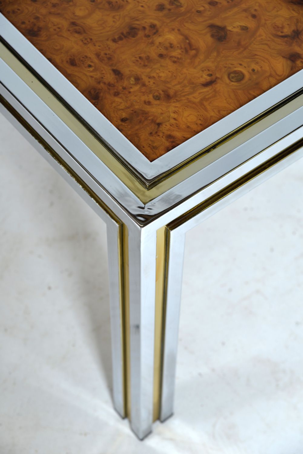 Large Pair 1970s Italian Chrome Brass Burr Elm Wood Side Lamp Occasional Tables Hollywood Regency photo 1800.0