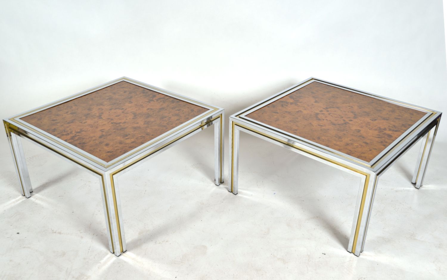 Large Pair 1970s Italian Chrome Brass Burr Elm Wood Side Lamp Occasional Tables Hollywood Regency photo furniture