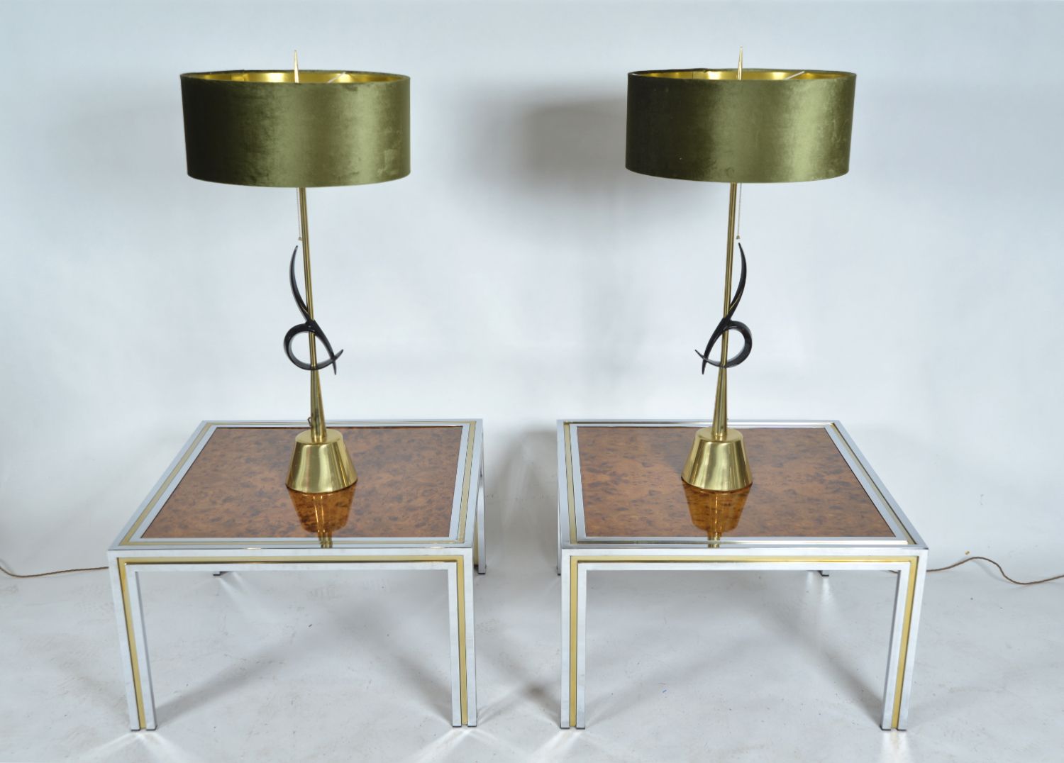 photo furniture Large Pair 1970s Italian Chrome Brass Burr Elm Wood Side Lamp Occasional Tables Hollywood Regency