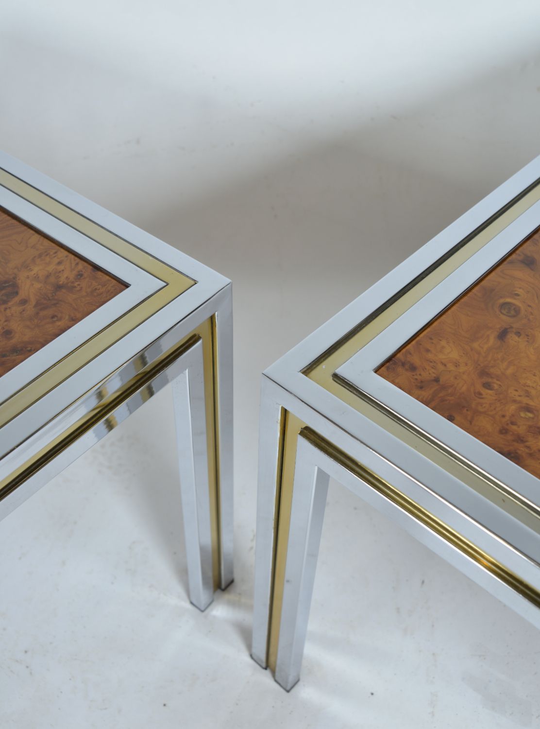 photo buy Large Pair 1970s Italian Chrome Brass Burr Elm Wood Side Lamp Occasional Tables Hollywood Regency