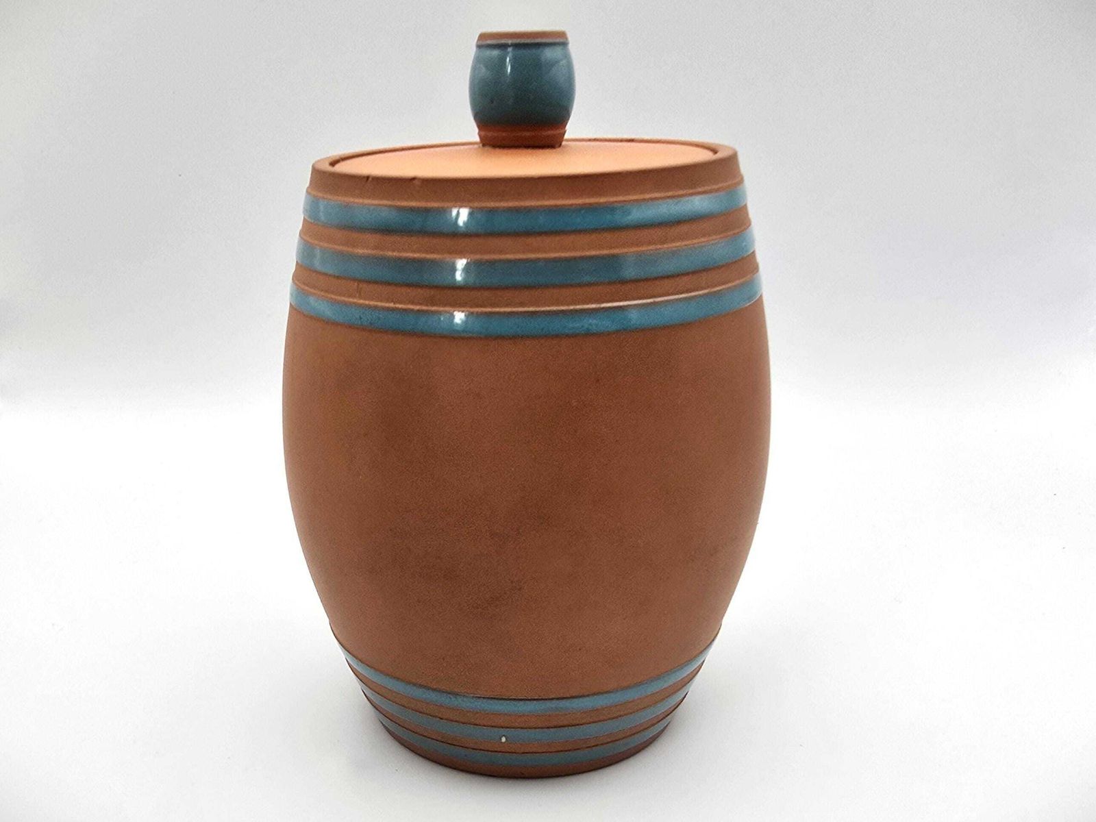 Antique Torquay Terracotta Company (Ttc) Tobacco Jar   Barrel Shaped With Blue Celeste Enamel   Torquayware Made In Devon photo for sale