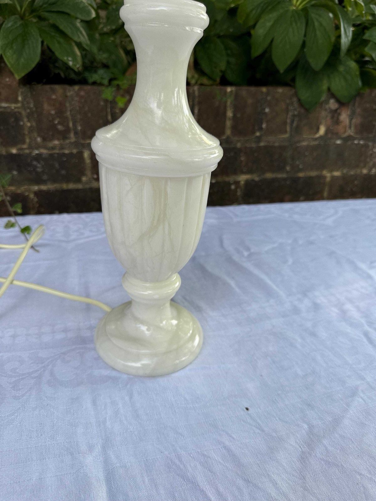 photo vinterior Vintage Alabaster Table Lamp With Carved Stone Base And Cream Empire Shade, Heavy Sculptural Lighting With Soft Veining – Working Pat Tested