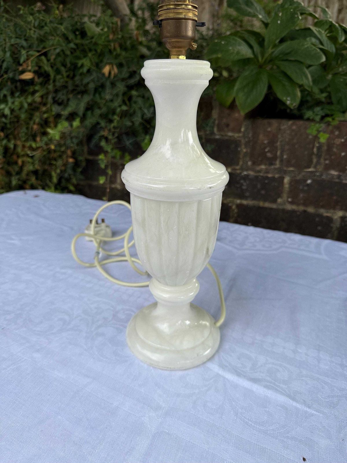 photo buy Vintage Alabaster Table Lamp With Carved Stone Base And Cream Empire Shade, Heavy Sculptural Lighting With Soft Veining – Working Pat Tested