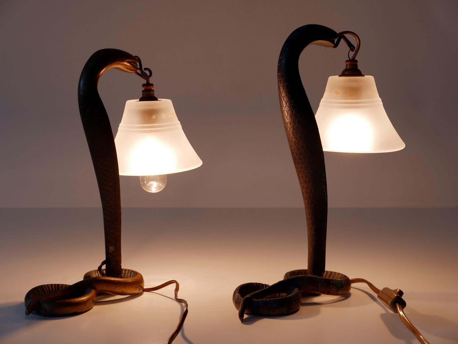 Lighting Set Of Two Decorative Art Nouveau Bronze Cobra Table Lamps 1910s photo