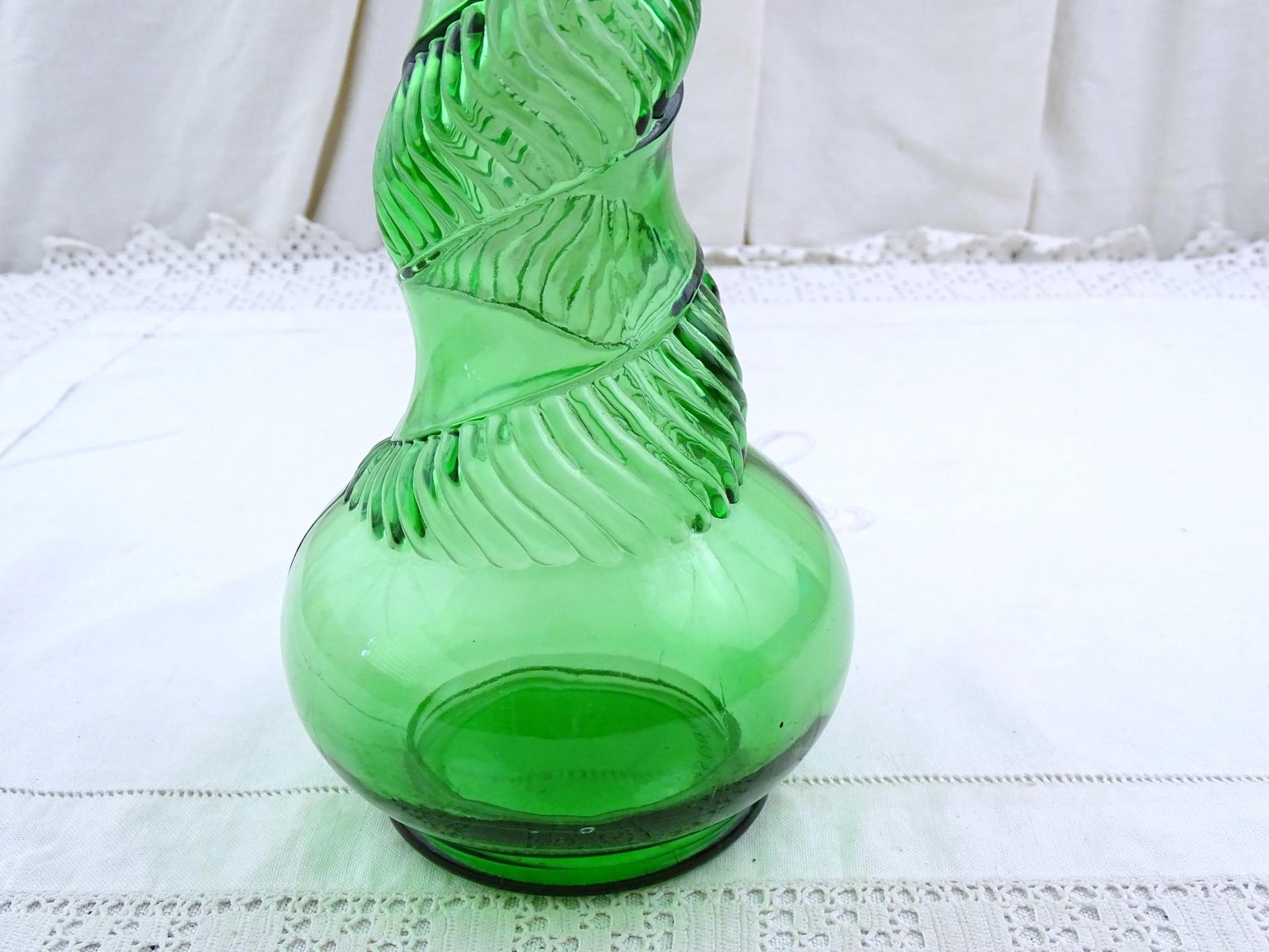 Large Tall Mid Century Vintage Italian Empoli Genie Bottle With Snakeskin Pattern, 1960s Green Glass Floor Decanter Carafe Pointed Stopper photo 118.0