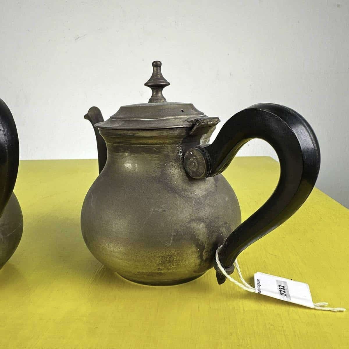 Pair Of Vintage Metal Teapots With Wooden Handles photo for sale