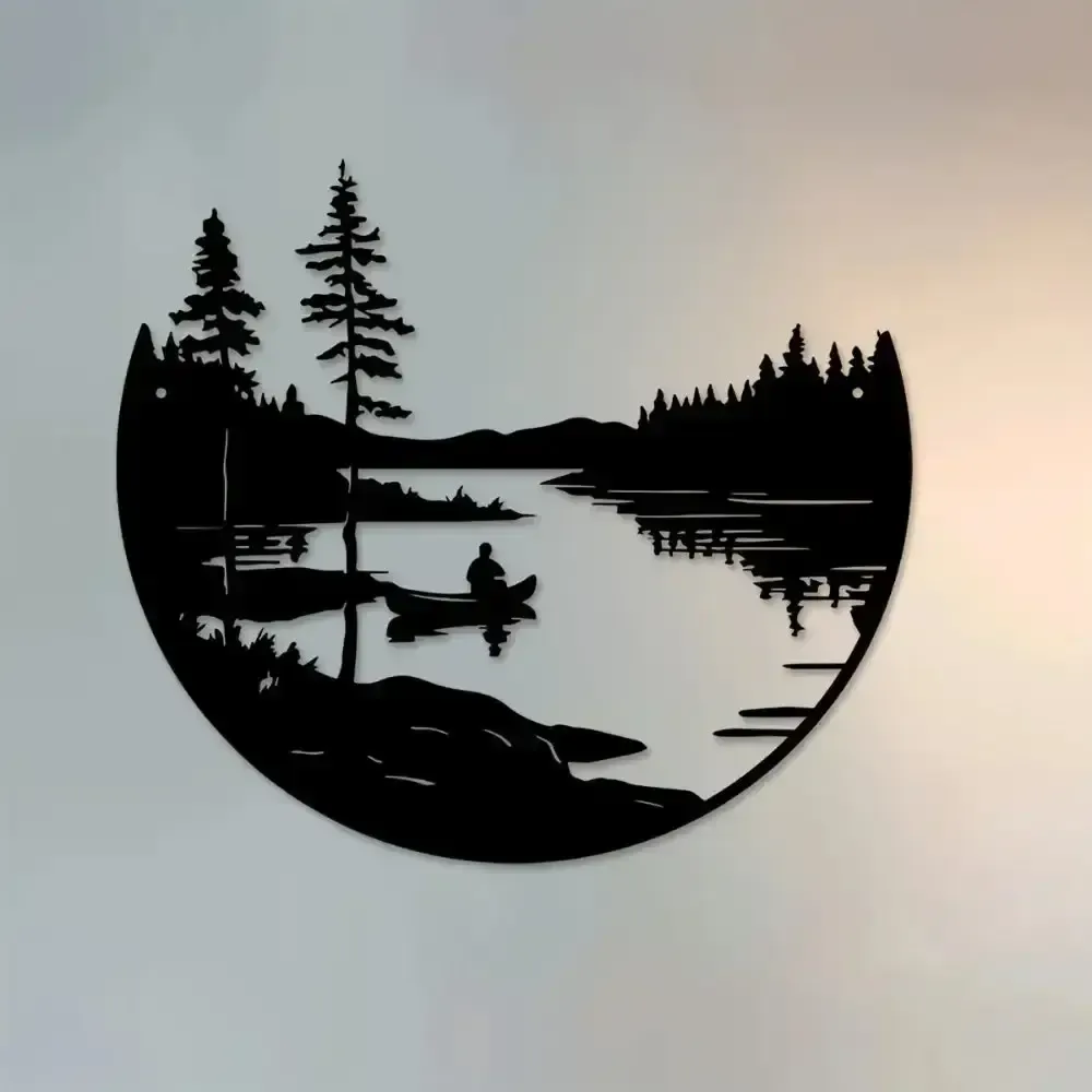 Round Metal Wall Art With Mountain And Lake Sculpture photo buy