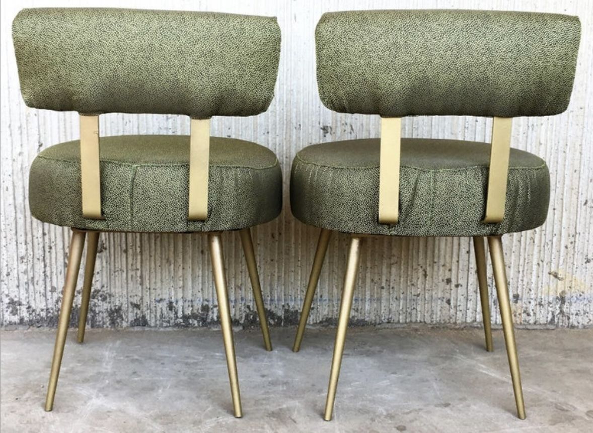 Mid Century Round Stools With Backrest In Green And Gold, 1950s, Set Of 2 photo for sale