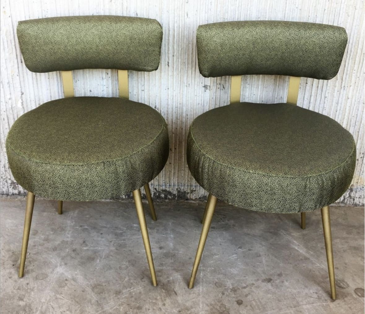 Mid Century Round Stools With Backrest In Green And Gold, 1950s, Set Of 2 photo vintage