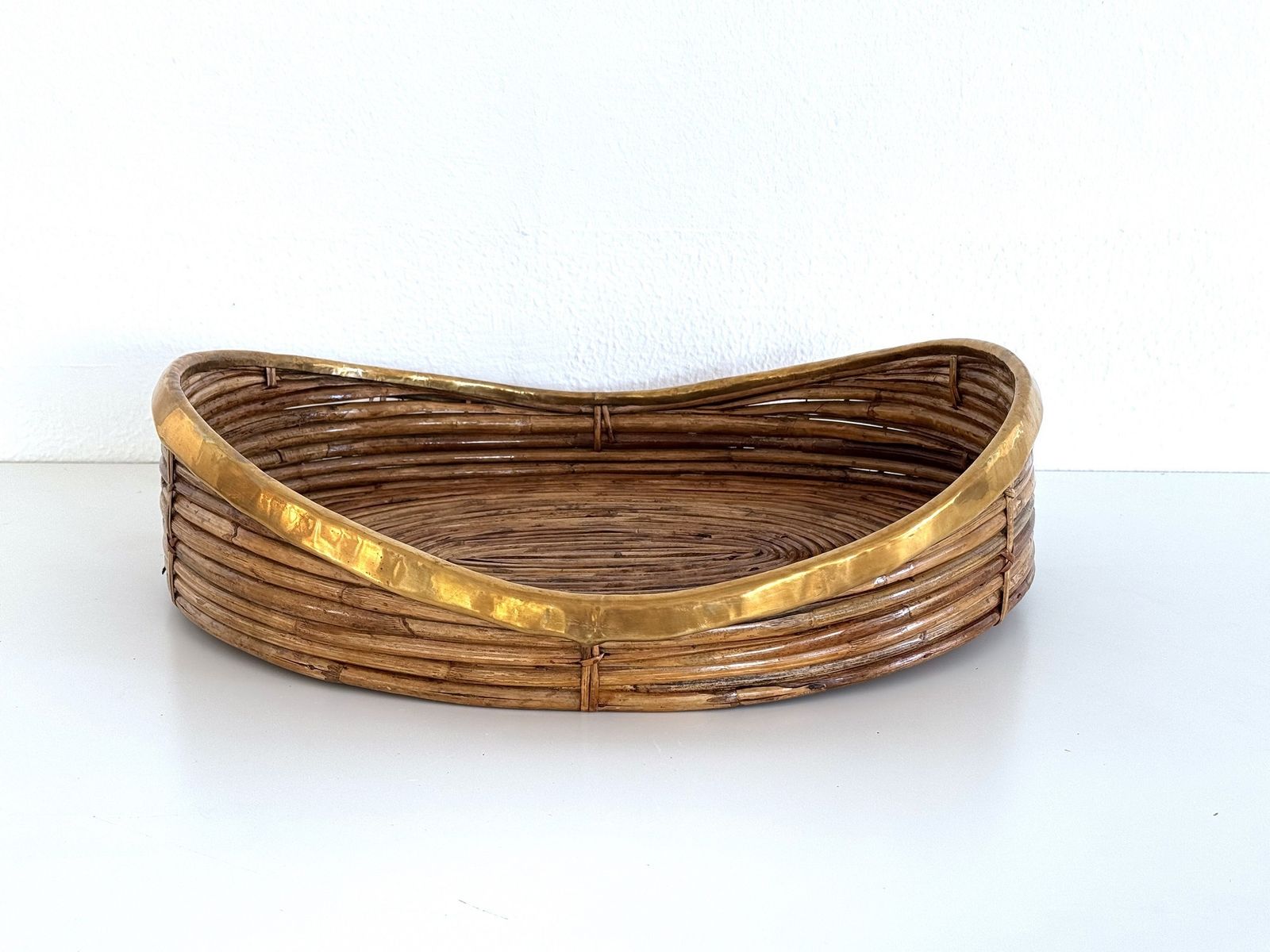 Italian Mid Century Bamboo And Brass Bohemian Organic Serving Tray, 1970s photo vinterior