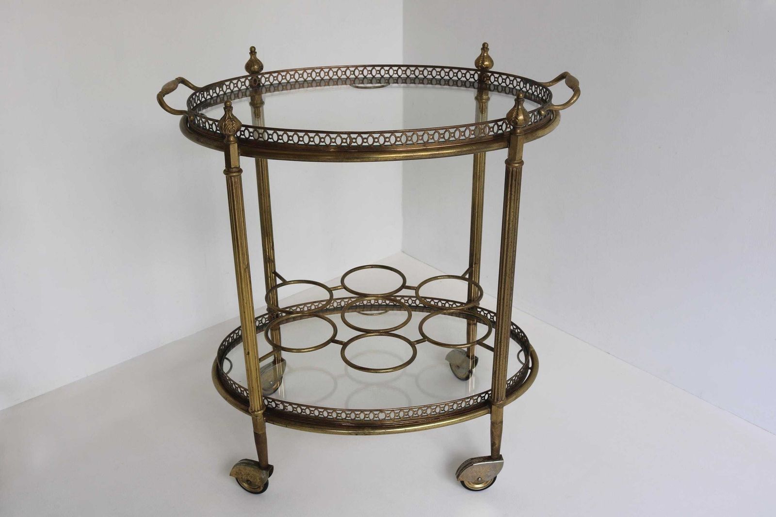 Brass Bar Cart Oval Hollywood Regency Glass Trolley W/ Removable Tray & Bottle Rack French 1940s Tea Cart Side Table photo 1388.0