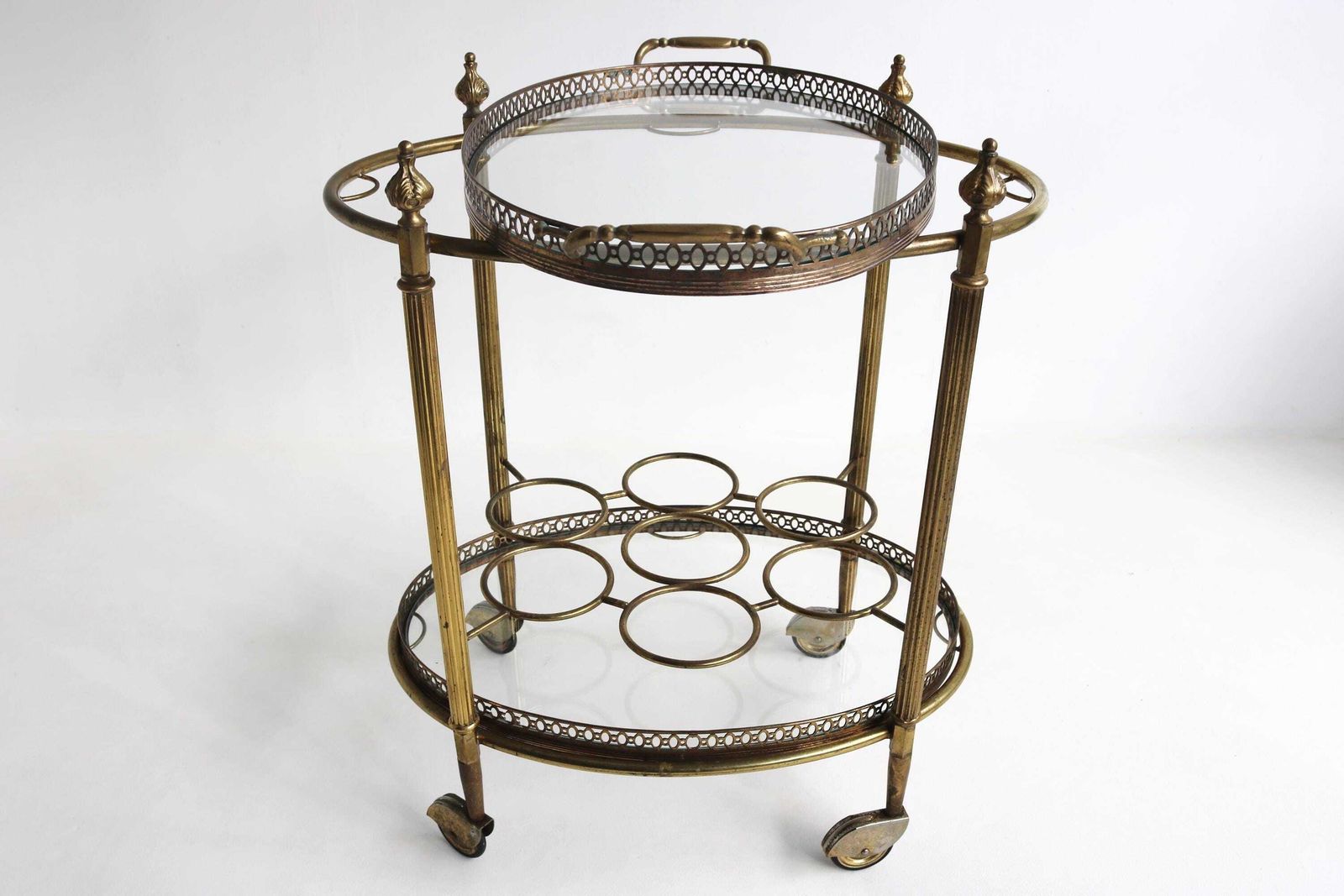 Brass Bar Cart Oval Hollywood Regency Glass Trolley W/ Removable Tray & Bottle Rack French 1940s Tea Cart Side Table photo buy