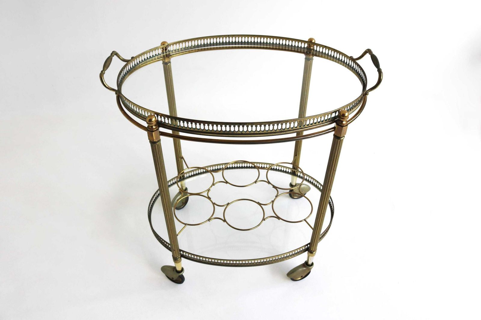 Vintage Gilt Metal Oval Bar Cart Hollywood Regency Glass Trolley Removable Tray & Bottle Rack In The Style Of Maison Jansen France Ca. 1940s