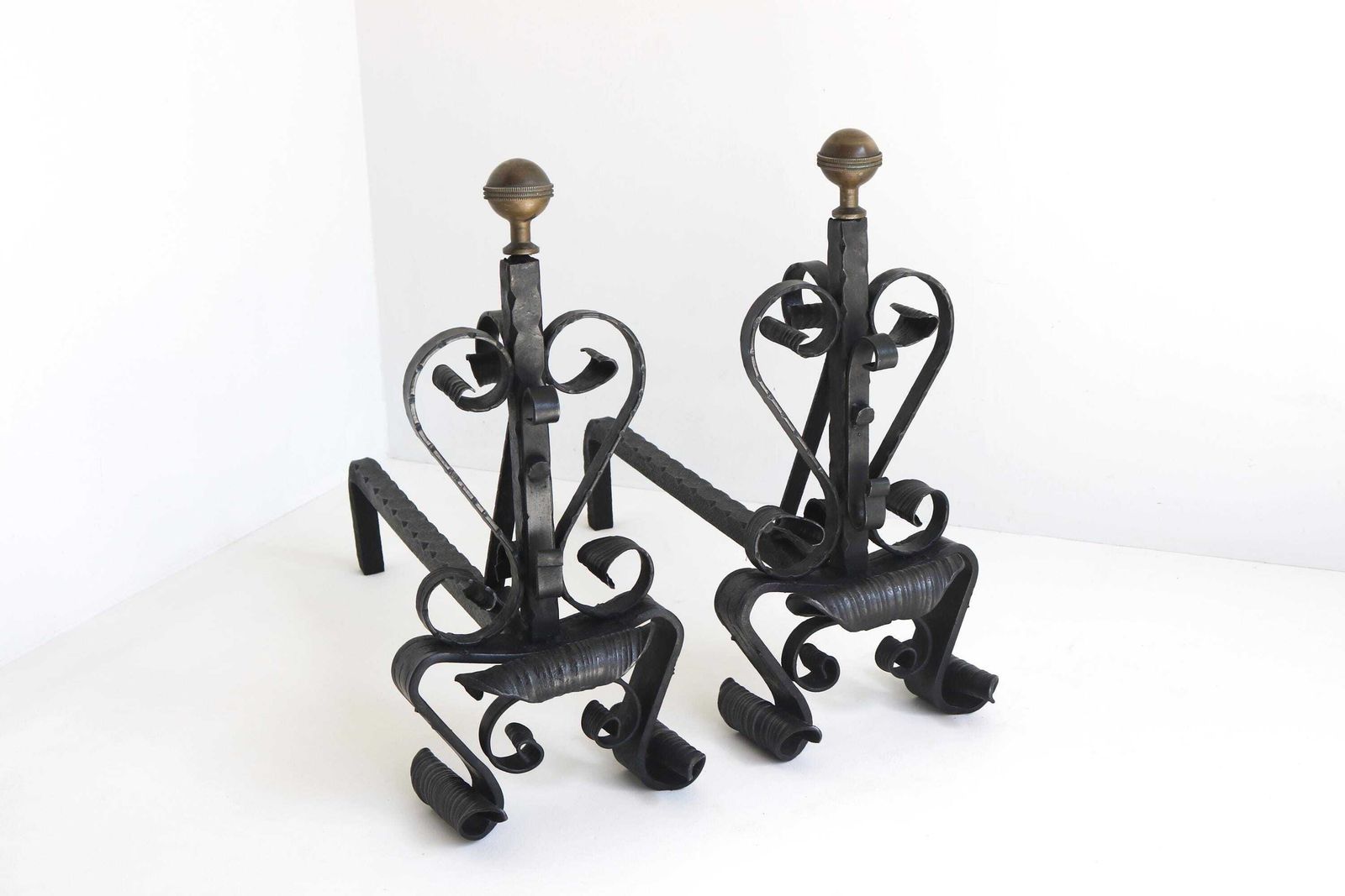 Hand Forged Wrought Iron Andirons – Vintage Fireplace Decor Mid 20th Century photo furniture