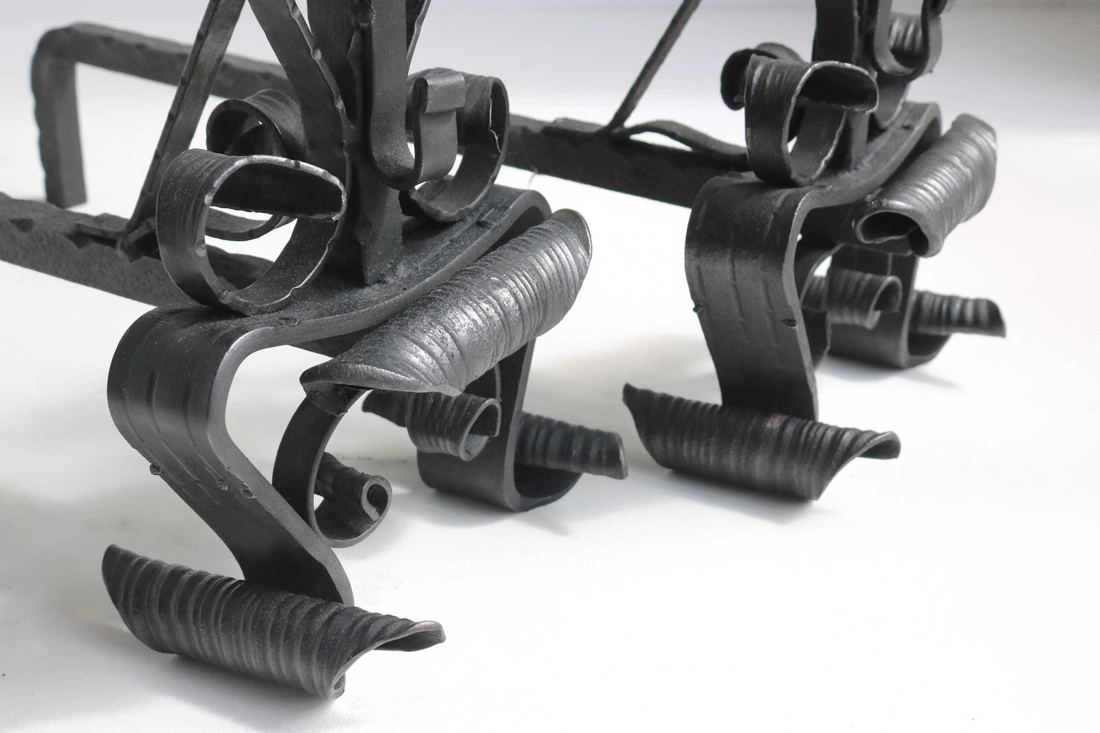 Hand Forged Wrought Iron Andirons – Vintage Fireplace Decor Mid 20th Century photo vinterior