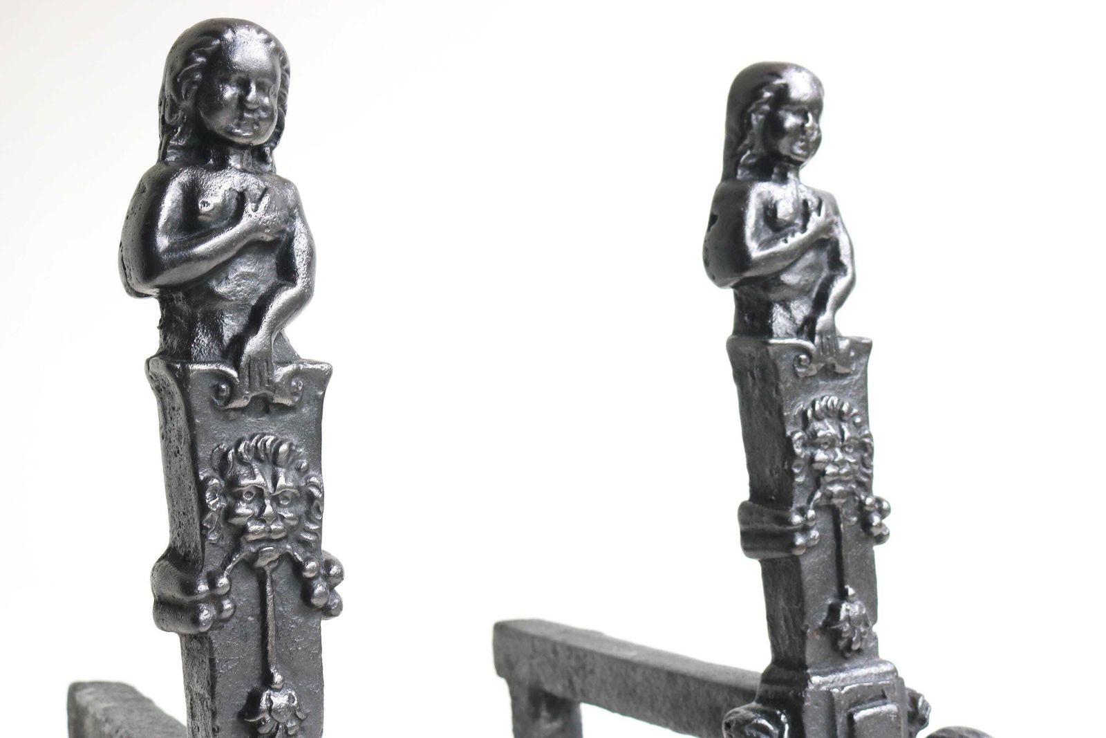 Tall Antique Cast Iron Andirons With Lions And Female Figures Heavy 19th Century Fire Dogs photo for sale