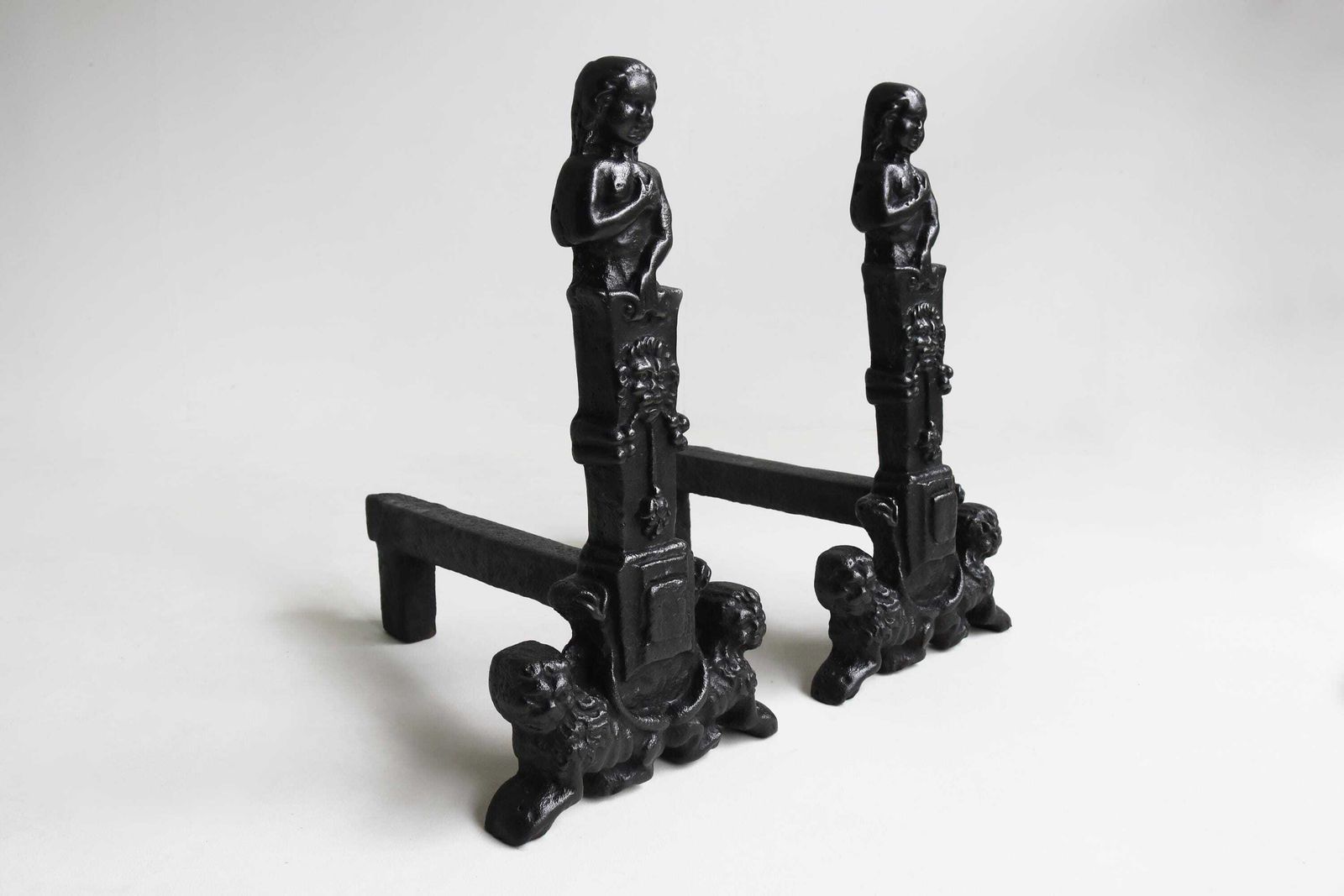 Tall Antique Cast Iron Andirons With Lions And Female Figures Heavy 19th Century Fire Dogs photo Home Fixtures