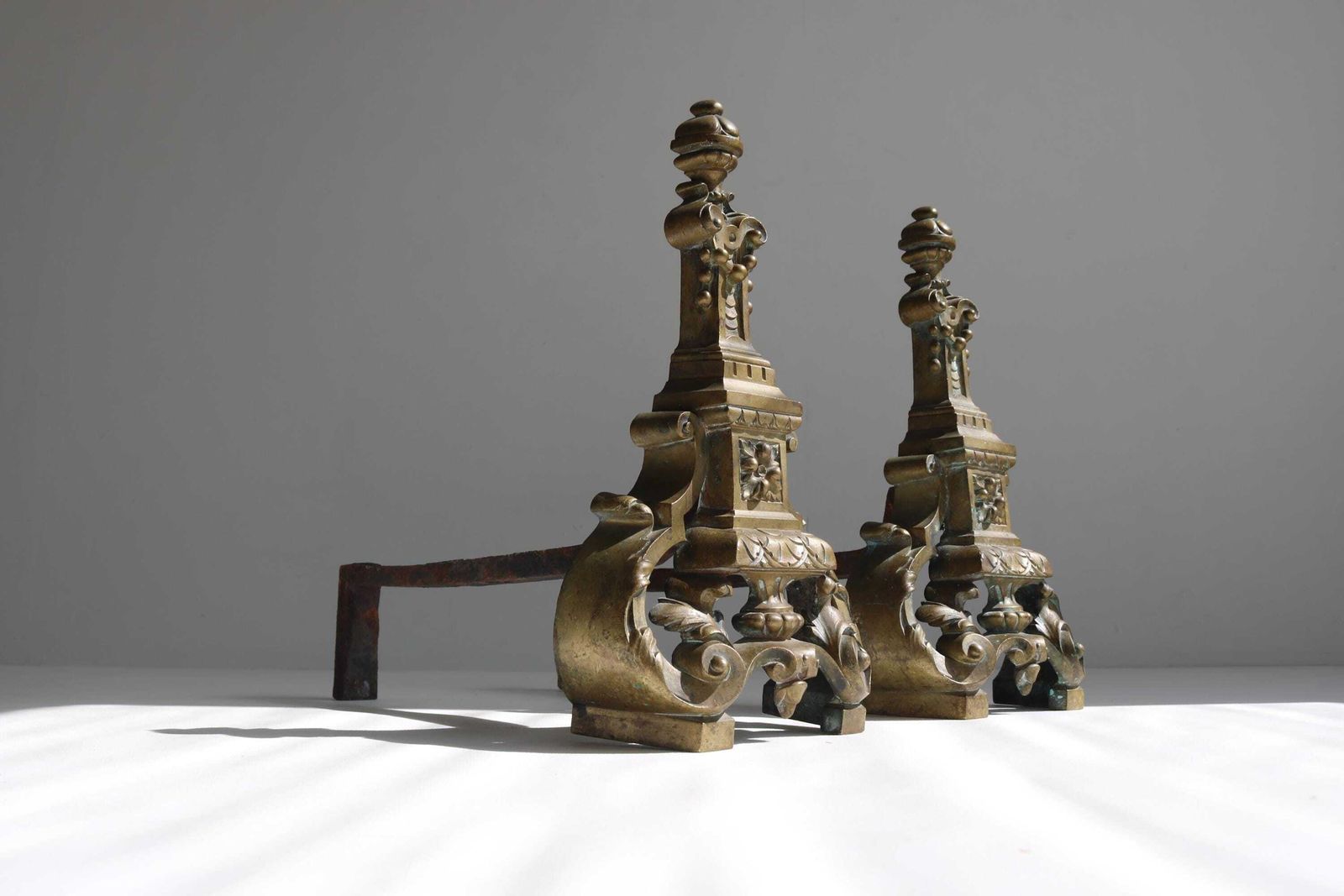 photo furniture Antique French Brass Fireplace Andirons Ornate Baroque Style Fireplace Decor Firedogs Late 19th To Early 20th Century Ca. 1880–1920