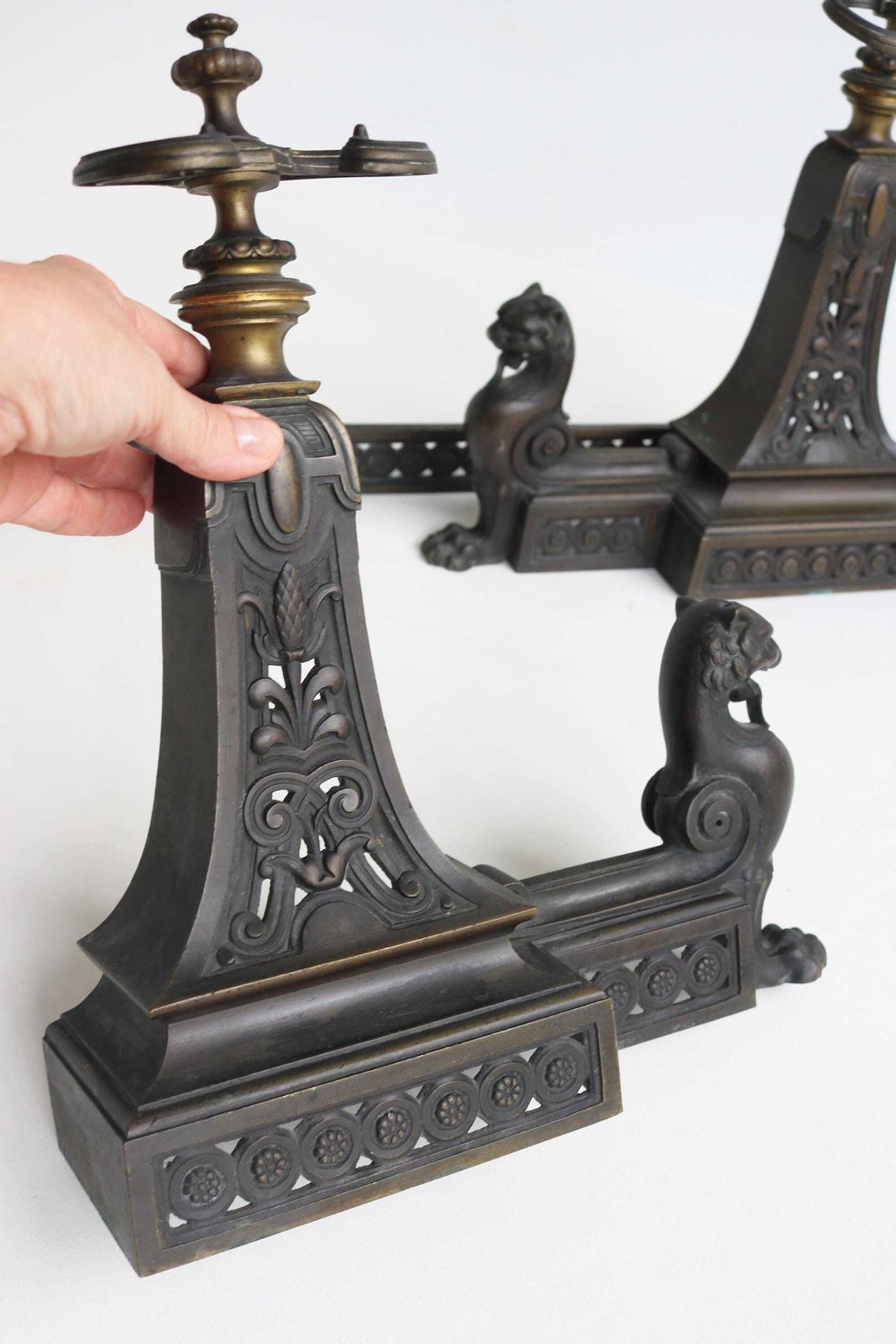 photo furniture Antique 3 Piece Fireplace Fender Set Andirons With Lion/ Griffin Figures, Tool Holders Late 19th To Early 20th Century Hearth Decor