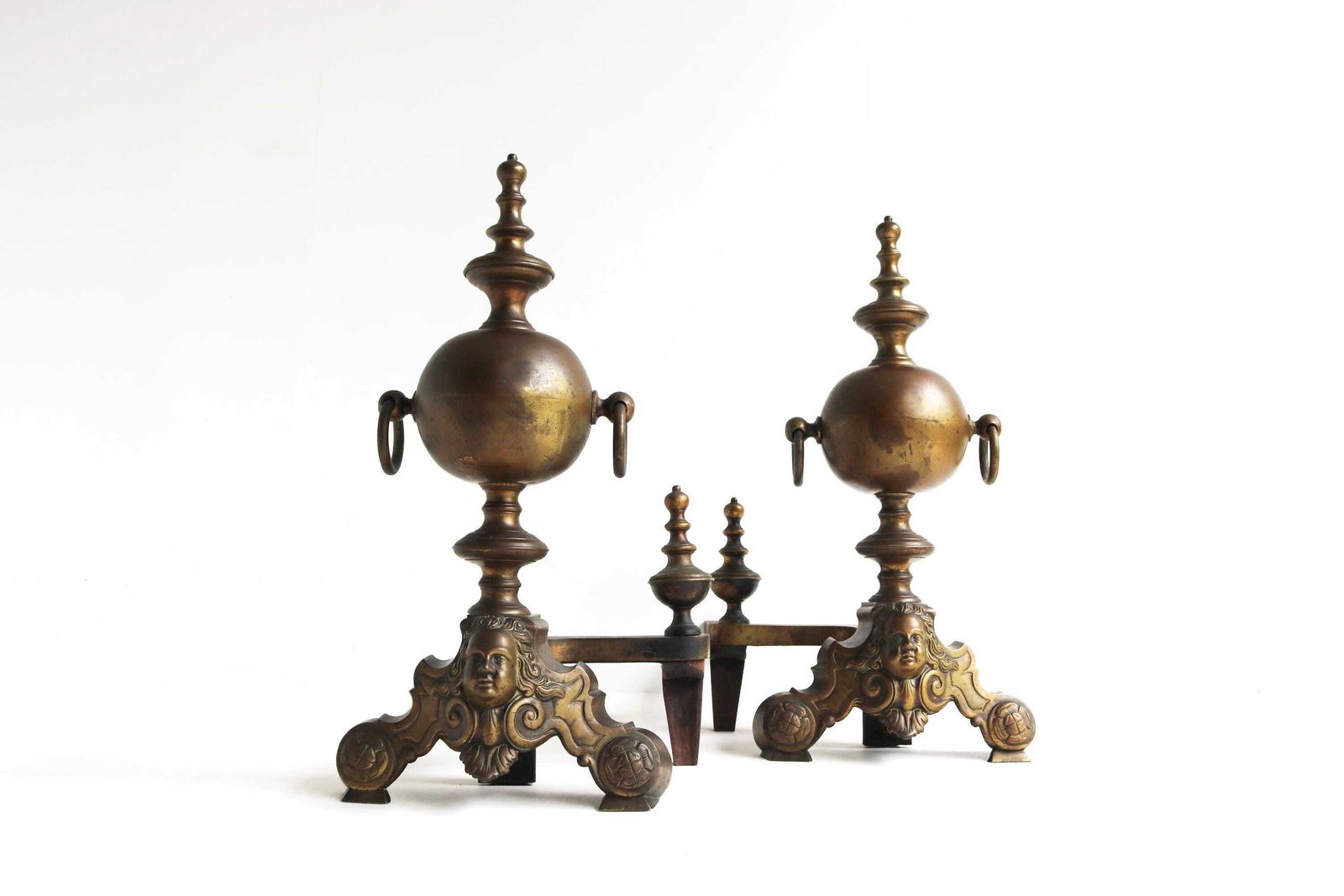 Antique Brass Andirons With Head Face Cherub Masks – 19th Century Fireplace Decor Firedogs