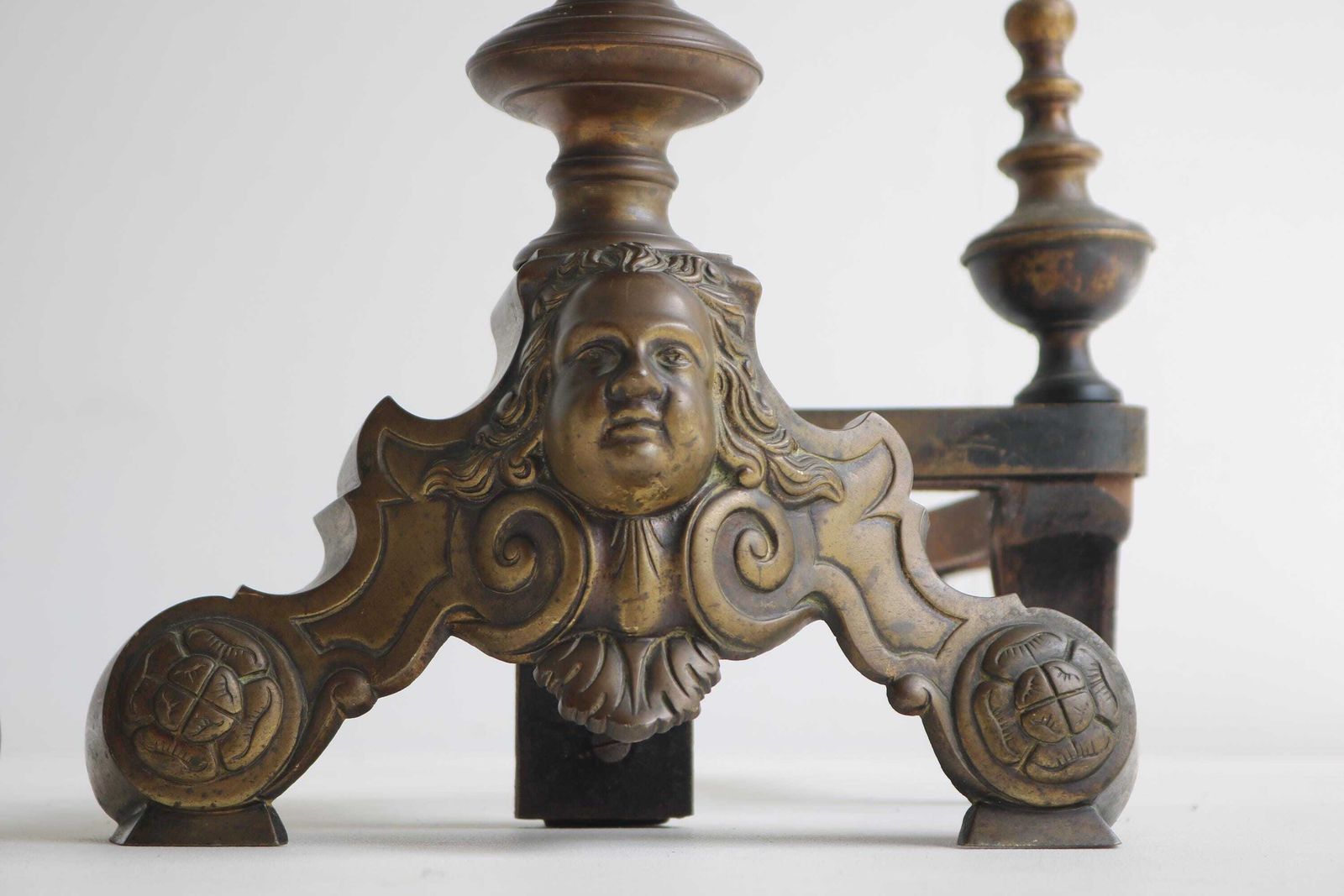 Antique Brass Andirons With Head Face Cherub Masks – 19th Century Fireplace Decor Firedogs photo Home Fixtures