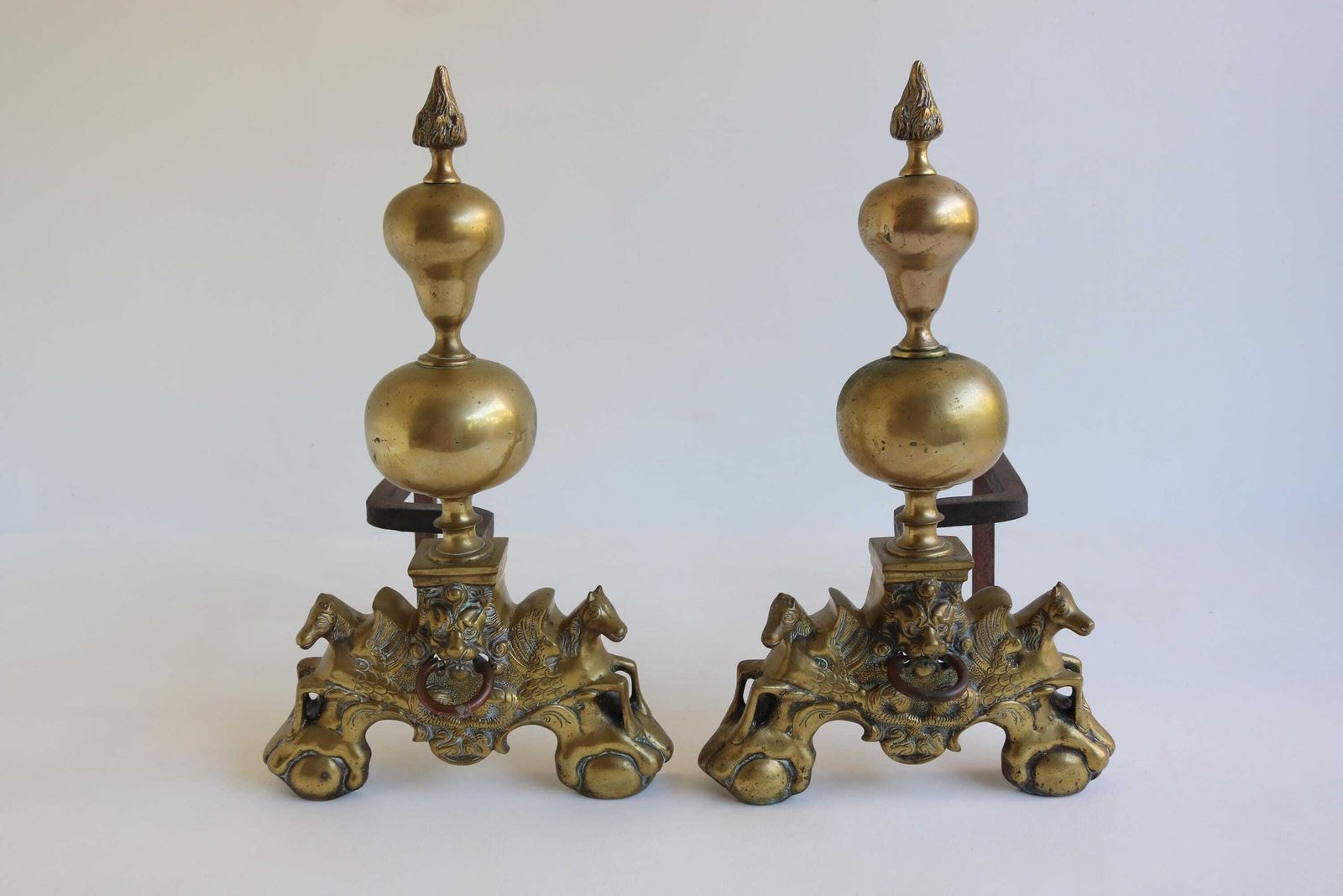 Impressive Pair Of Brass Firedogs |Pegasus Winged Horses & Lion Mask | Claw And Ball Feet | Antique Fireplace Andirons 19th Century photo furniture