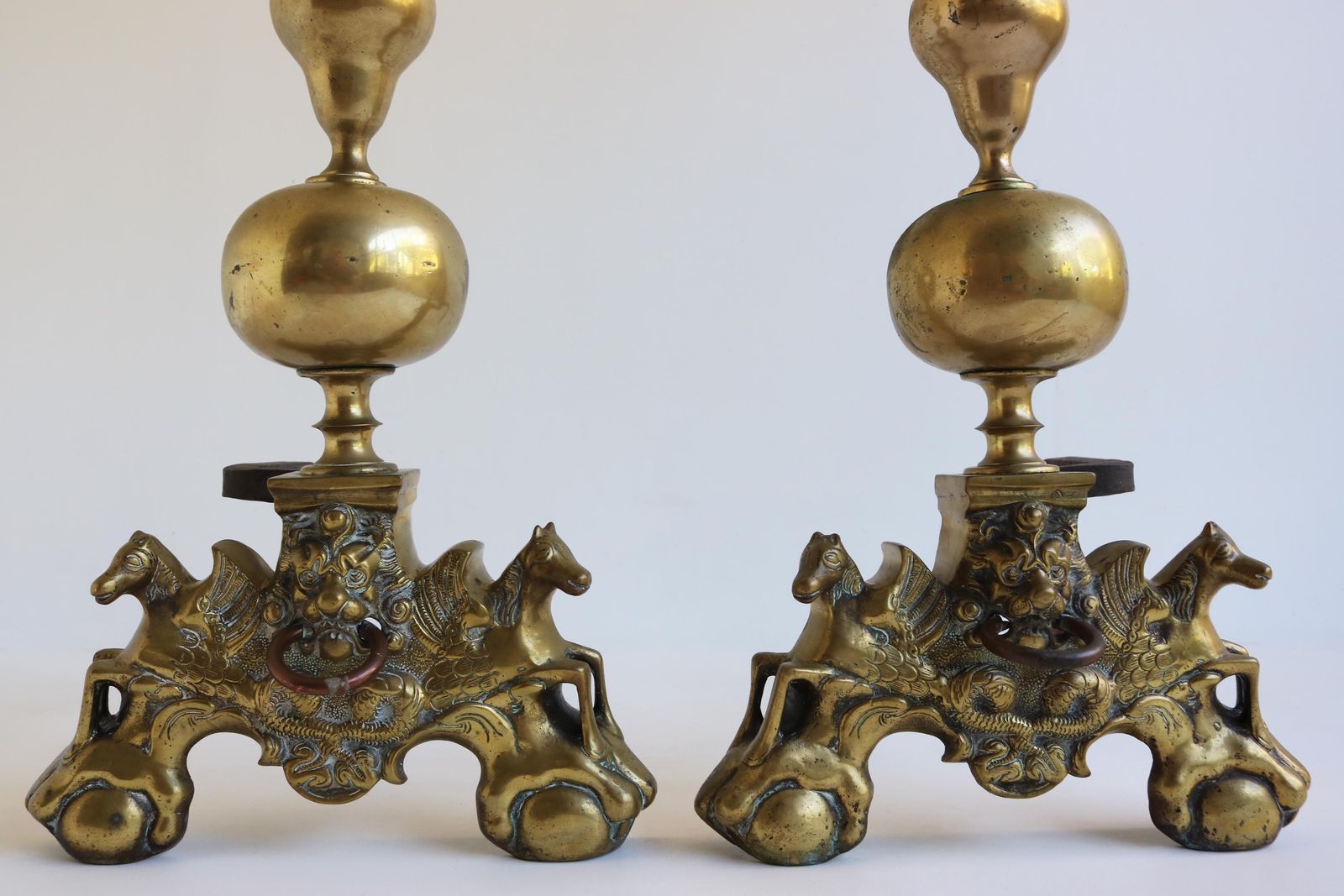 Impressive Pair Of Brass Firedogs |Pegasus Winged Horses & Lion Mask | Claw And Ball Feet | Antique Fireplace Andirons 19th Century photo for sale