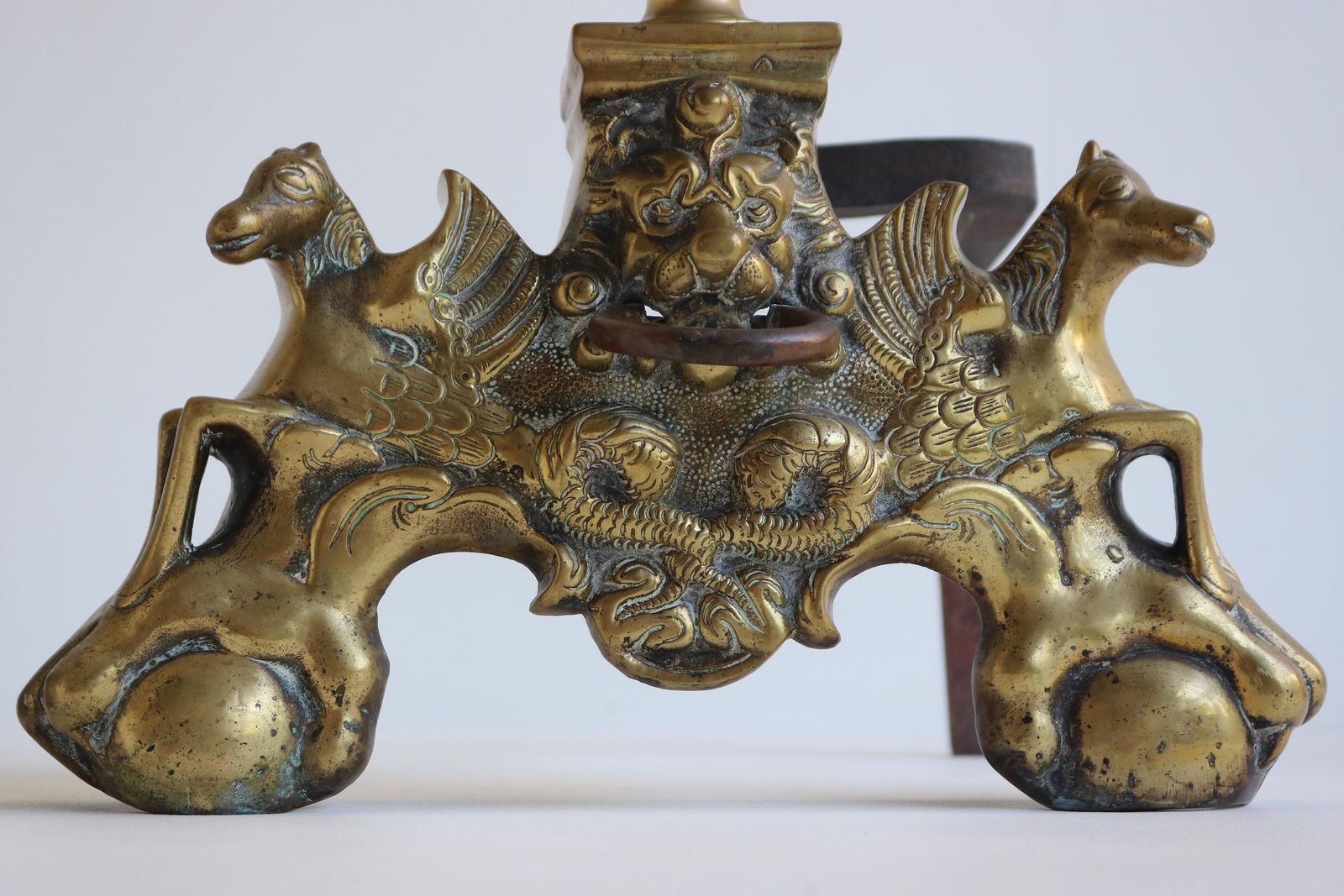 Impressive Pair Of Brass Firedogs |Pegasus Winged Horses & Lion Mask | Claw And Ball Feet | Antique Fireplace Andirons 19th Century photo Home Fixtures