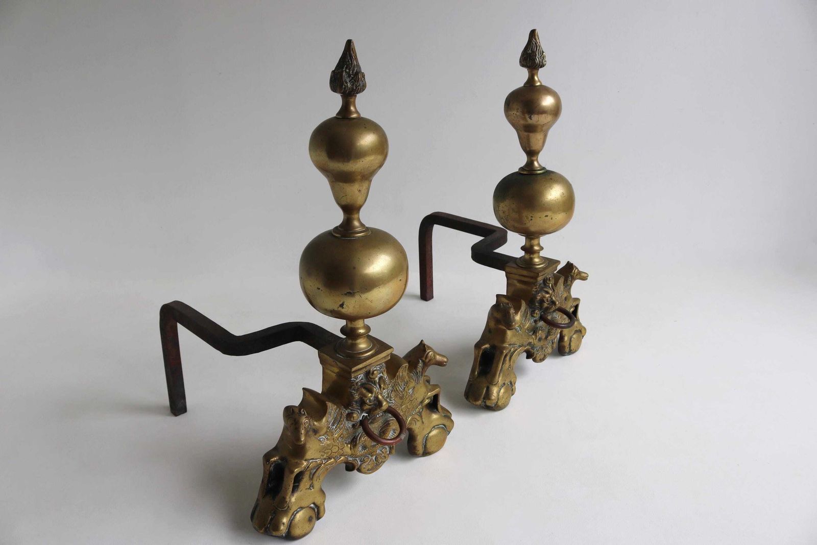 photo furniture Impressive Pair Of Brass Firedogs |Pegasus Winged Horses & Lion Mask | Claw And Ball Feet | Antique Fireplace Andirons 19th Century