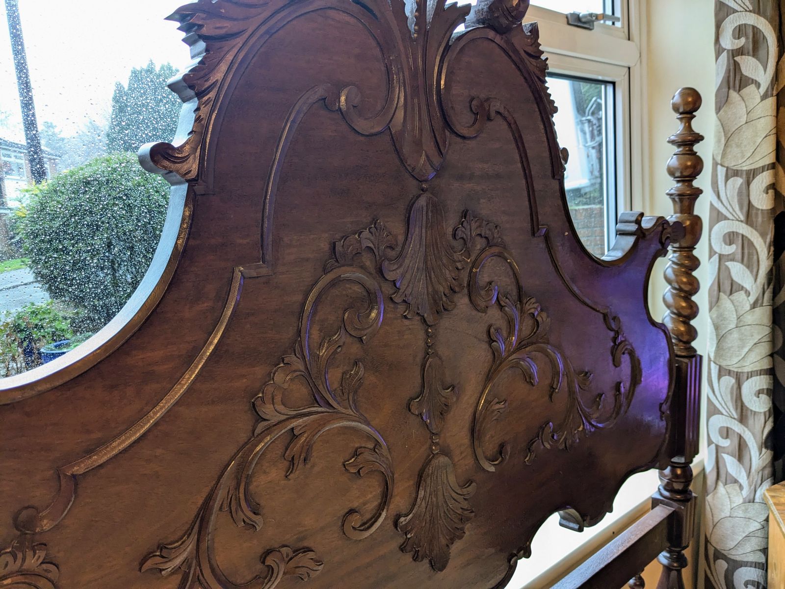 20th Century Spanish Baroque Hand Carved Bed (Mahogany/Walnut/Cherry) With Slabs photo vinterior