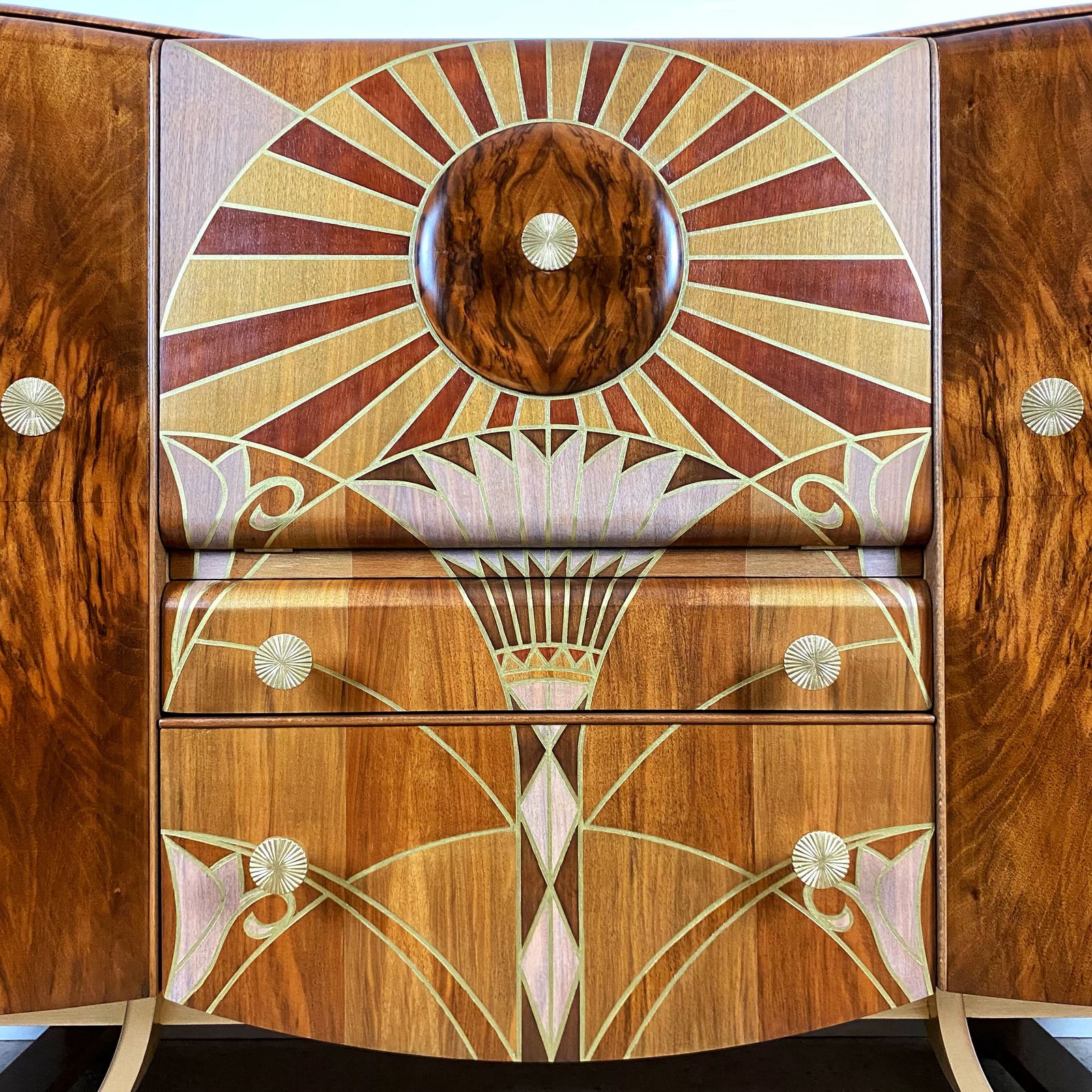 Art Deco Beautility Cocktail Cabinet With Gold Lotus Flower Marquetry Style Design photo for sale