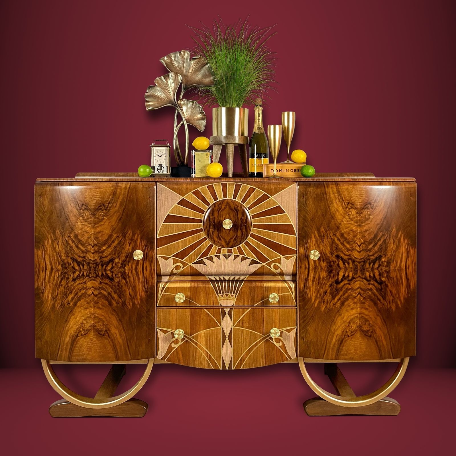 Art Deco Beautility Cocktail Cabinet With Gold Lotus Flower Marquetry Style Design