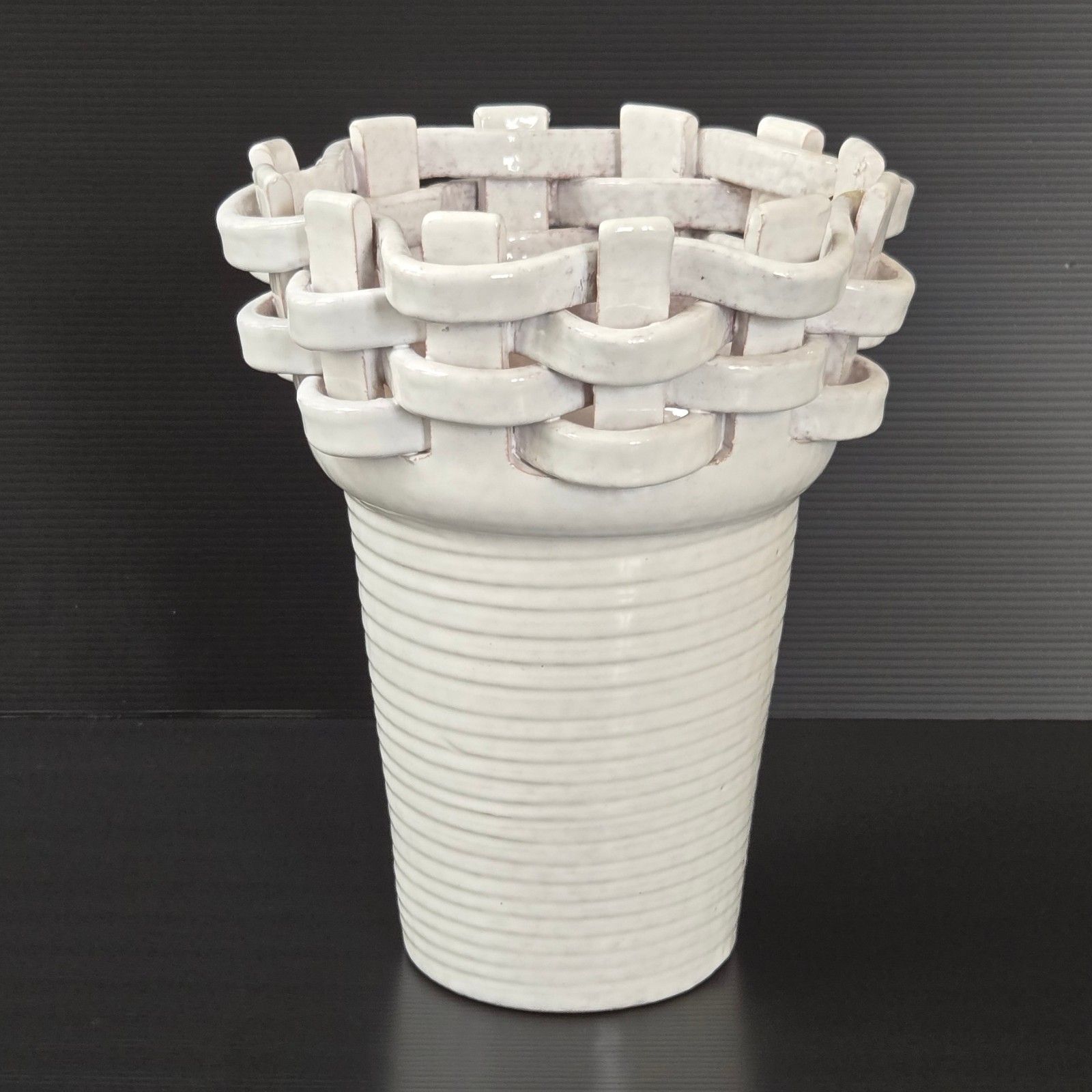 Vintage 1960s Ceramic Terracotta Enamel Braid Vase 60s Italy White 1960s