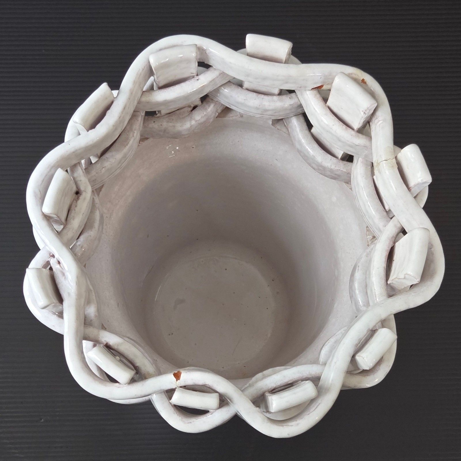 Vintage 1960s Ceramic Terracotta Enamel Braid Vase 60s Italy White 1960s photo Home Decor