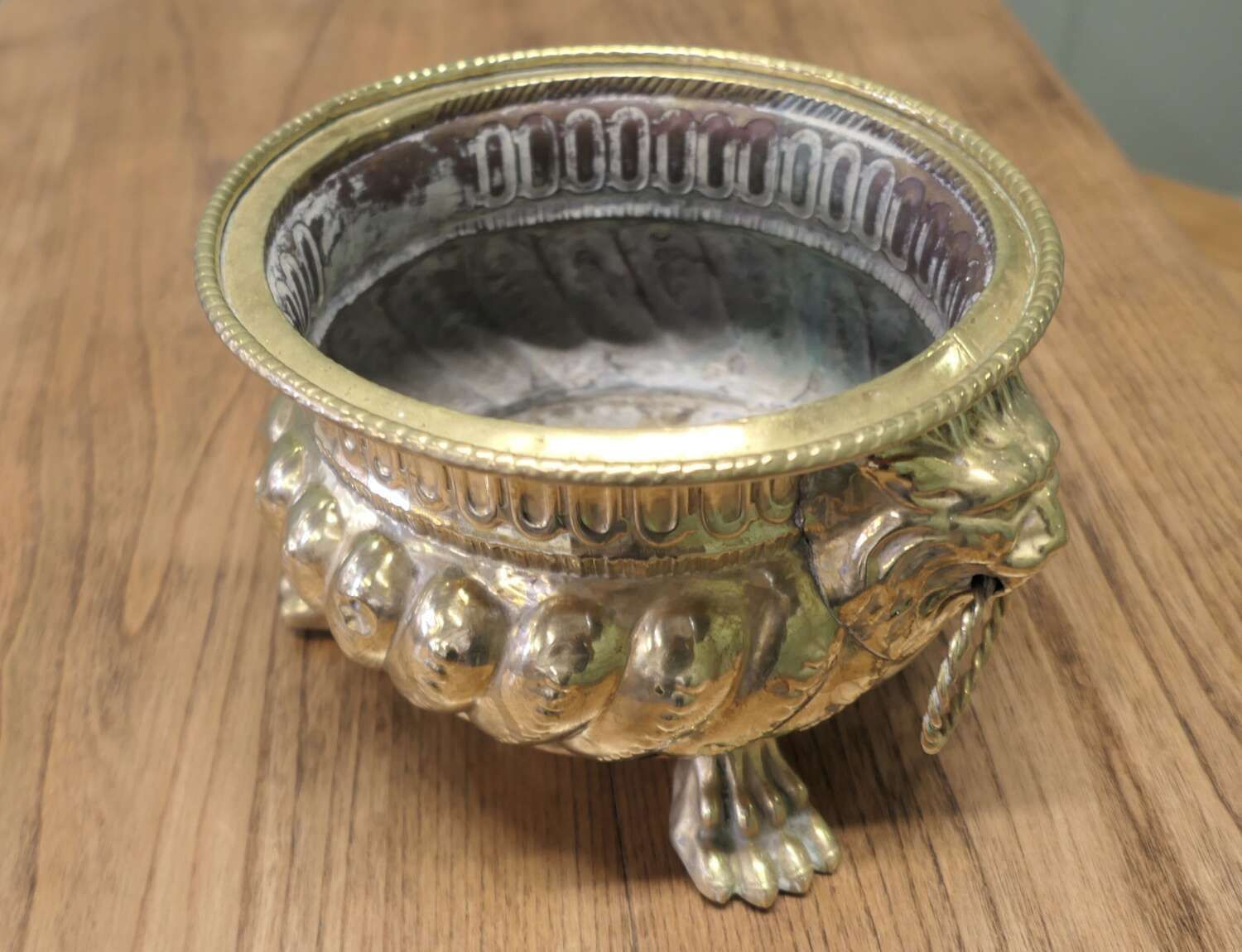 Gothic Brass Jardiniere With Lions Mask Handles photo for sale