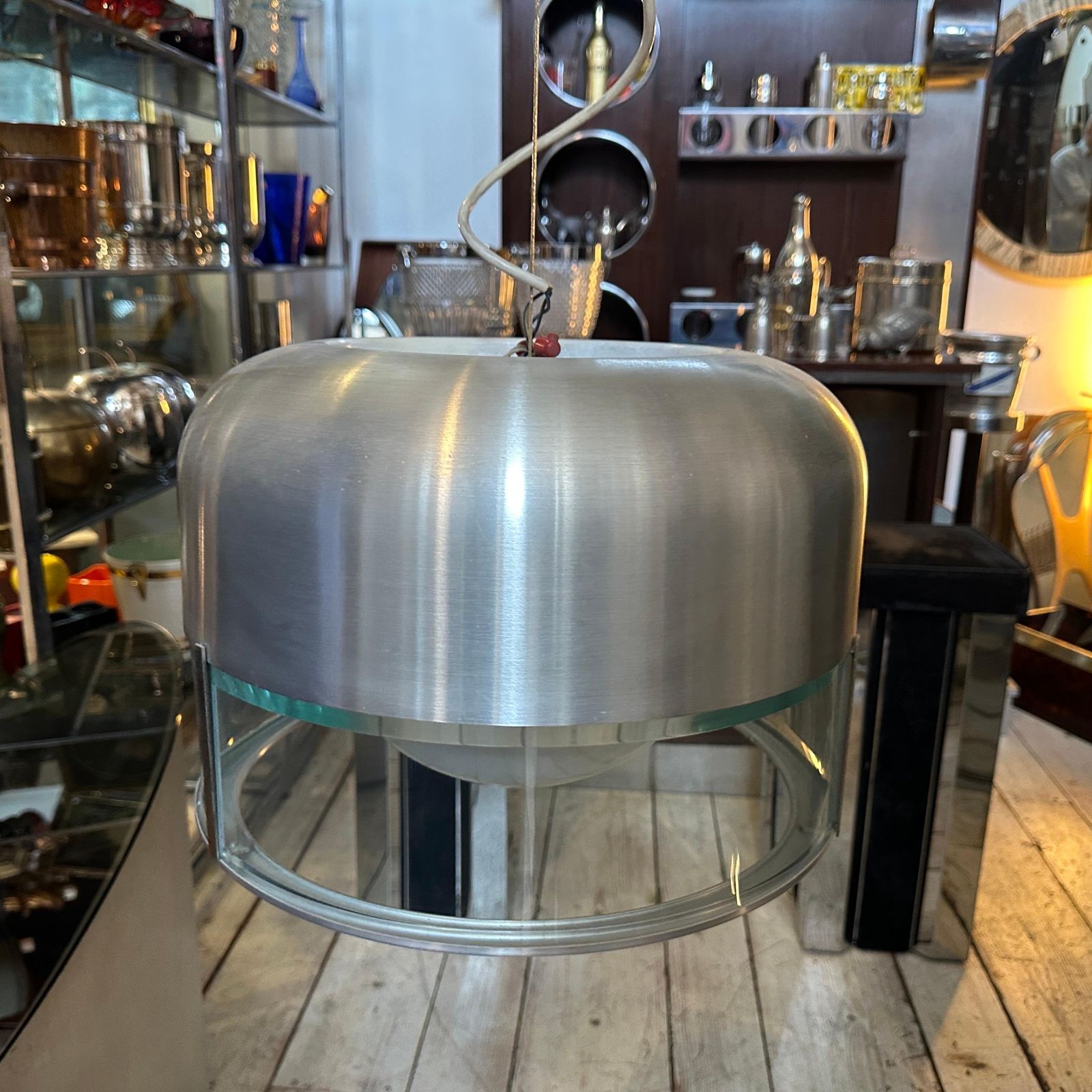 photo for sale 1970s Space Age Steel And Glass Pendant By Pia Guidetti Crippa For Lumi Milano