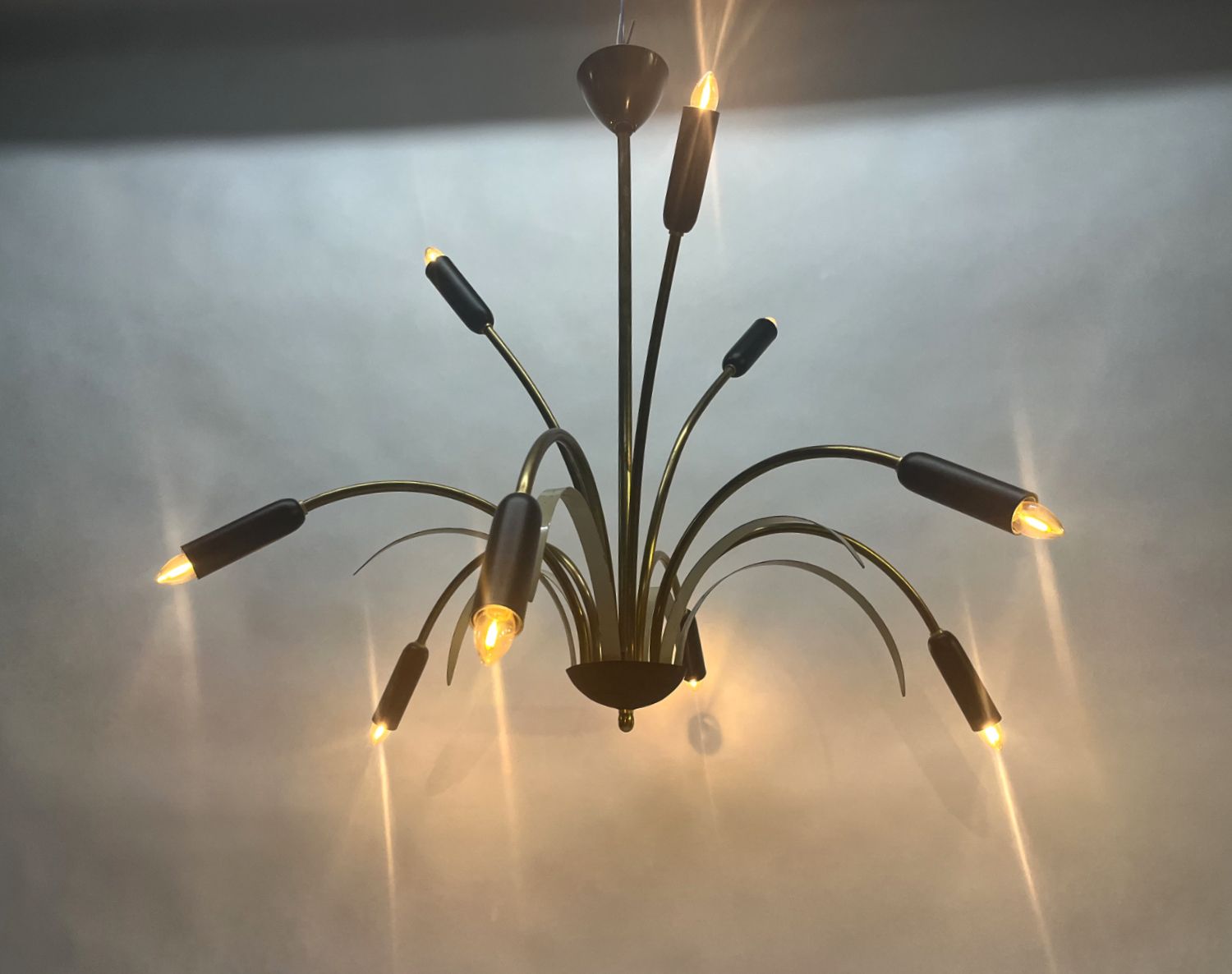 795.0 Midcentury Stilnovo 9 Arm Italian Spider Pendant Light Brass Copper Sputnik 1950s photo
