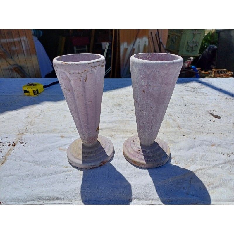Pair Of Mauve Enameled Cast Iron Art Deco Vases From Charleville Mézières photo Home Decor