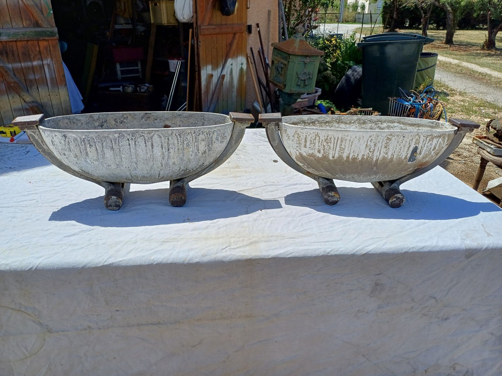 Pair Of Art Deco Enameled Cast Iron Planters
