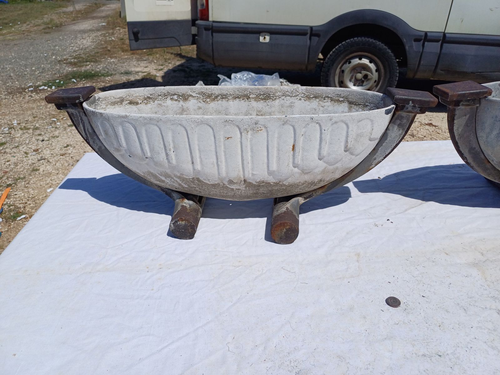 Pair Of Art Deco Enameled Cast Iron Planters photo vintage
