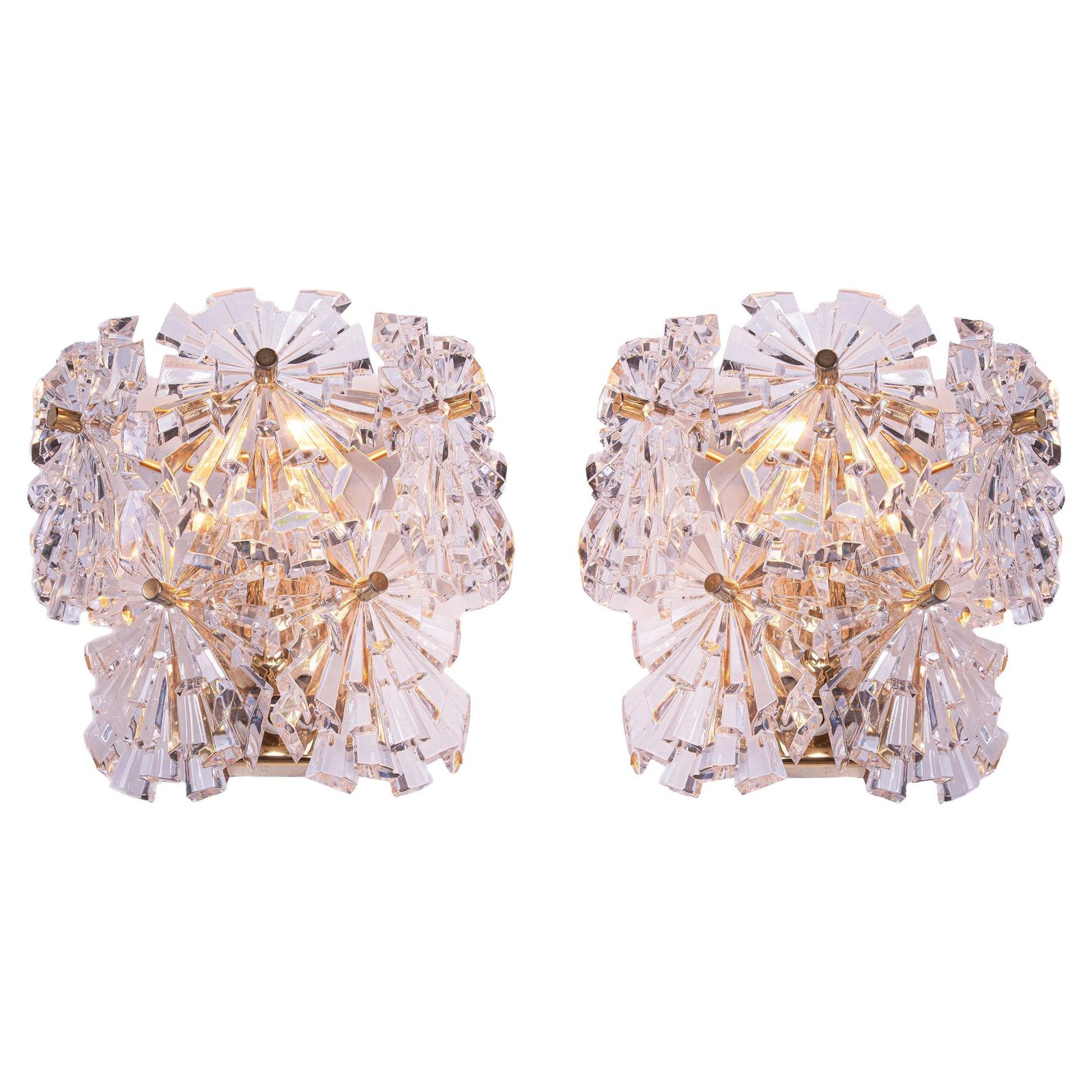 1970s Germany Kinkeldey Starburst Wall Sconces Crystals & Gilt Brass, Set Of 2
