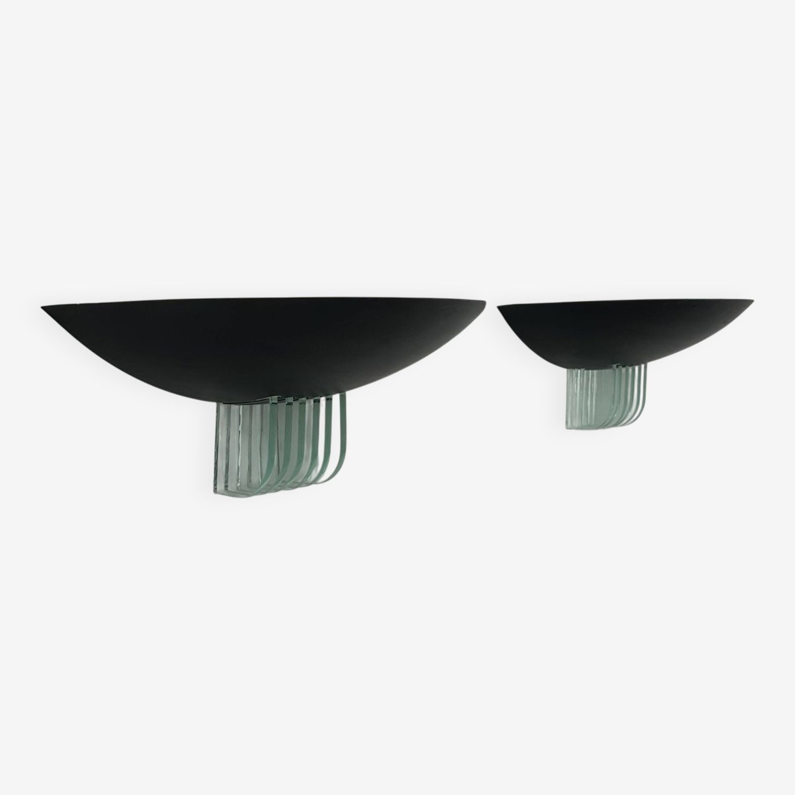 Pair Of Vintage Post Modernist Wall Lights, Black Metal And Glass, France 1980