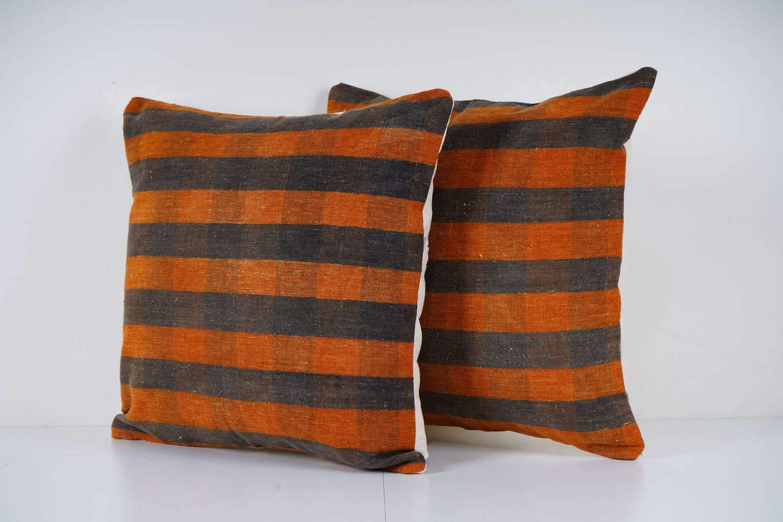 Set Of Two Striped Organic Wool Outdoor Turkish Striped Pillow Covers, Pair Anatolian Minimalist Old Kilim Pillow Cover photo for sale